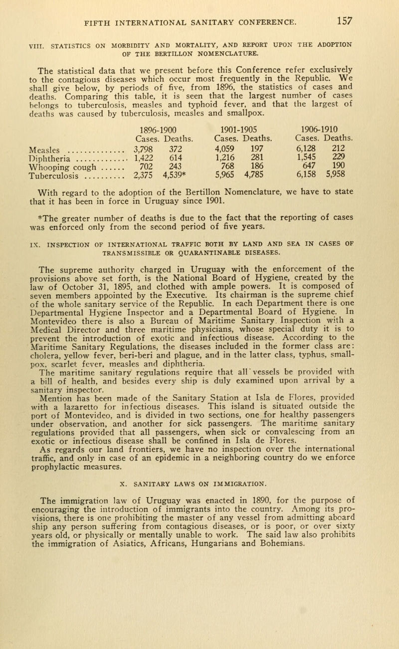 VIII. STATISTICS ON MORBIDITY AND MORTALITY, AND REPORT UPON THE ADOPTION OF THE BERTILLON NOMENCLATURE. The statistical data that we present before this Conference refer exclusively to the contagious diseases which occur most frequently in the Republic. We shall give below, by periods of five, from 1896, the statistics of cases and deaths. Comparing this table, it is seen that the largest number of cases belongs to tuberculosis, measles and typhoid fever, and that the largest of deaths was caused by tuberculosis, measles and smallpox. 1896-1900 1901-1905 1906-1910 Cases. Deaths. Cases. Deaths. Cases. Deaths. Measles 3,798 372 4,059 197 6,128 212 Diphtheria 1,422 614 1,216 281 1,545 229 Whooping cough 702 243 768 186 647 190 Tuberculosis 2,375 4,539* 5,965 4,785 6,158 5,958 With regard to the adoption of the Bertillon Nomenclature, we have to state that it has been in force in Uruguay since 1901. *The greater number of deaths is due to the fact that the reporting of cases was enforced only from the second period of five years. IX. INSPECTION OF INTERNATIONAL TRAFFIC BOTH BY LAND AND SEA IN CASES OF TRANSMISSIBLE OR QUARANTINABLE DISEASES. The supreme authority charged in Uruguay with the enforcement of the provisions above set forth, is the National Board of Hygiene, created by the law of October 31, 1895, and clothed with ample powers. It is composed of seven members appointed by the Executive. Its chairman is the supreme chief of the whole sanitary service of the Republic. In each Department there is one Departmental Hygiene Inspector and a Departmental Board of Hygiene. In Montevideo there is also a Bureau of Maritime Sanitary Inspection with a Medical Director and three maritime physicians, whose special duty it is to prevent the introduction of exotic and infectious disease. According to the Maritime Sanitary Regulations, the diseases included in the former class are: cholera, yellow fever, beri-beri and plague, and in the latter class, typhus, small- pox, scarlet fever, measles and diphtheria. The maritime sanitary regulations require that all vessels be provided with a bill of health, and besides every ship is duly examined upon arrival by a sanitary inspector. Mention has been made of the Sanitary Station at Isla de Flores, provided with a lazaretto for infectious diseases. This island is situated outside the port of Montevideo, and is divided in two sections, one for healthy passengers under observation, and another for sick passengers. The maritime sanitary regulations provided that all passengers, when sick or convalescing from an exotic or infectious disease shall be confined in Isla de Flores. As regards our land frontiers, we have no inspection over the international traffic, and only in case of an epidemic in a neighboring country do we enforce prophylactic measures. X. SANITARY LAWS ON IMMIGRATION. The immigration law of Uruguay was enacted in 1890, for the purpose of encouraging the introduction of immigrants into the country. Among its pro- visions, there is one prohibiting the master of any vessel from admitting aboard ship any person suffering from contagious diseases, or is poor, or over sixty years old, or physically or mentally unable to work. The said law also prohibits the immigration of Asiatics, Africans, Hungarians and Bohemians.