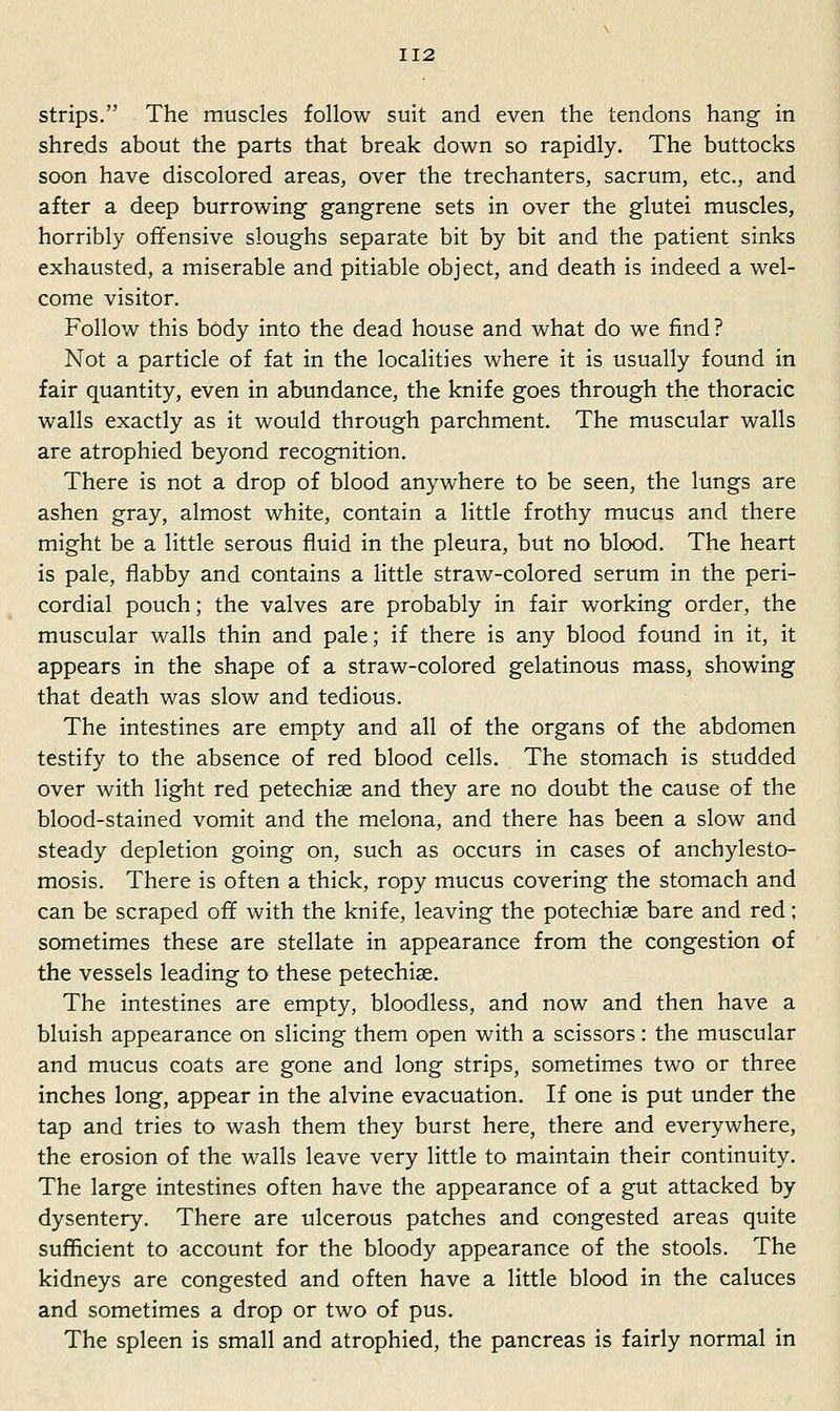 strips, The muscles follow suit and even the tendons hang in shreds about the parts that break down so rapidly. The buttocks soon have discolored areas, over the trechanters, sacrum, etc., and after a deep burrowing gangrene sets in over the glutei muscles, horribly offensive sloughs separate bit by bit and the patient sinks exhausted, a miserable and pitiable object, and death is indeed a wel- come visitor. Follow this body into the dead house and what do we find? Not a particle of fat in the localities where it is usually found in fair quantity, even in abundance, the knife goes through the thoracic walls exactly as it would through parchment. The muscular walls are atrophied beyond recognition. There is not a drop of blood anywhere to be seen, the lungs are ashen gray, almost white, contain a little frothy mucus and there might be a little serous fluid in the pleura, but no blood. The heart is pale, flabby and contains a little straw-colored serum in the peri- cordial pouch; the valves are probably in fair working order, the muscular walls thin and pale; if there is any blood found in it, it appears in the shape of a straw-colored gelatinous mass, showing that death was slow and tedious. The intestines are empty and all of the organs of the abdomen testify to the absence of red blood cells. The stomach is studded over with light red petechiae and they are no doubt the cause of the blood-stained vomit and the melona, and there has been a slow and steady depletion going on, such as occurs in cases of anchylesto- mosis. There is often a thick, ropy mucus covering the stomach and can be scraped off with the knife, leaving the potechise bare and red; sometimes these are stellate in appearance from the congestion of the vessels leading to these petechiae. The intestines are empty, bloodless, and now and then have a bluish appearance on slicing them open with a scissors: the muscular and mucus coats are gone and long strips, sometimes two or three inches long, appear in the alvine evacuation. If one is put under the tap and tries to wash them they burst here, there and everywhere, the erosion of the walls leave very little to maintain their continuity. The large intestines often have the appearance of a gut attacked by dysentery. There are ulcerous patches and congested areas quite sufficient to account for the bloody appearance of the stools. The kidneys are congested and often have a little blood in the caluces and sometimes a drop or two of pus. The spleen is small and atrophied, the pancreas is fairly normal in