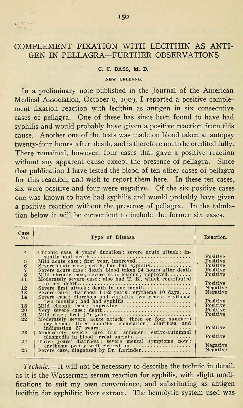 ISO COMPLEMENT FIXATION WITH LECITHIN AS ANTI- GEN IN PELLAGRA—FURTHER OBSERVATIONS C. C. BASSj M. D. NEW OBLEANS. In a preliminary note published in the Journal of the American Medical Association, October 9, 1909, I reported a positive comple- ment fixation reaction with lecithin as antigen in six consecutive cases of pellagra. One of these has since been found to have had syphilis and would probably have given a positive reaction from this cause. Another one of the tests was made on blood taken at autopsy twenty-four hours after death, and is therefore not to be credited fully. There remained, however, four cases that gave a positive reaction without any apparent cause except the presence of pellagra. Since that publication I have tested the blood of ten other cases of pellagra for this reaction, and wish to report them here. In these ten cases, six were positive and four were negative. Of the six positive cases one was known to have had syphilis and would probably have given a positive reaction without the presence of pellagra. In the tabula- tion below it will be convenient to include the former six cases. Case No. Type of Disease. Reaction. 5 6 7 8 11 12 13 14 18 20 21 22 23 24 25 Chronic case, 4 years' duration ; severe acute attack; in- sanity and death Mild acute case ; first year, improved Severe acute case ; death, had had syphilis Severe acute case ; death, blood taken 24 hours after death Mild chronic case, severe skin lesions; improved Moderately severe case ; also had T. B., which contributed to her death Severe first attack ; death in one month Severe case ; diarrhoea 11-2 years ; erythema 10 days.... Severe case ; diarrhoea and vaginitis two years ; erythema two months ; had had syphilis Mild chronic case ; improving Very severe case; death Mild case; first (?) year Moderately severe, acute attack: three or four summers erythema; three months' emaciation; diarrhoea and indigestion 27 years Moderately severe case first summer; estivo-autumnal Plasmodia in blood ; great anemia Three years' diarrhoea; severe mental symptoms now; erythema pretty well cleared up Severe case, diagnosed by Dr. Lavinder Positive Positive Positive Positive Positive Positive Negative Negative Positive Positive Positive Positive Positive Positive Negative Negative Technic.—It will not be necessary to describe the technic in detail, as it is the Wasserman serum reaction for syphilis, with slight modi- fications to suit my own convenience, and substituting as antigen lecithin for syphilitic liver extract. The hemolytic system used was