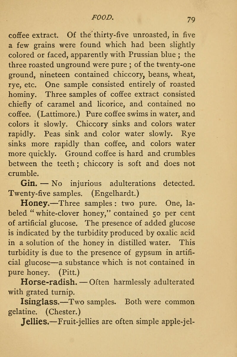 coffee extract. Of the'thirty-five unroasted, in five a few grains were found which had been slightly- colored or faced, apparently with Prussian blue ; the three roasted unground were pure ; of the twenty-one ground, nineteen contained chiccory, beans, wheat, rye, etc. One sample consisted entirely of roasted hominy. Three samples of coffee extract consisted chiefly of caramel and licorice, and contained no coffee. (Lattimore.) Pure coffee swims in water, and colors it slowly. Chiccory sinks and colors water rapidly. Peas sink and color water slowly. Rye sinks more rapidly than coffee, and colors water more quickly. Ground coffee is hard and crumbles between the teeth; chiccory is soft and does not crumble. Gin. — No injurious adulterations detected. Twenty-five samples. (Engelhardt.) Honey.—Three samples : two pure. One, la- beled white-clover honey, contained 50 per cent of artificial glucose. The presence of added glucose is indicated by the turbidity produced by oxalic acid in a solution of the honey in distilled water. This turbidity is due to the presence of gypsum in artifi- cial glucose—a substance which is not contained in pure honey. (Pitt.) Horse-radish. — Often harmlessly adulterated with grated turnip. Isinglass.—Two samples. Both were common gelatine. (Chester.) Jellies.—Fruit-jellies are often simple apple-jel-