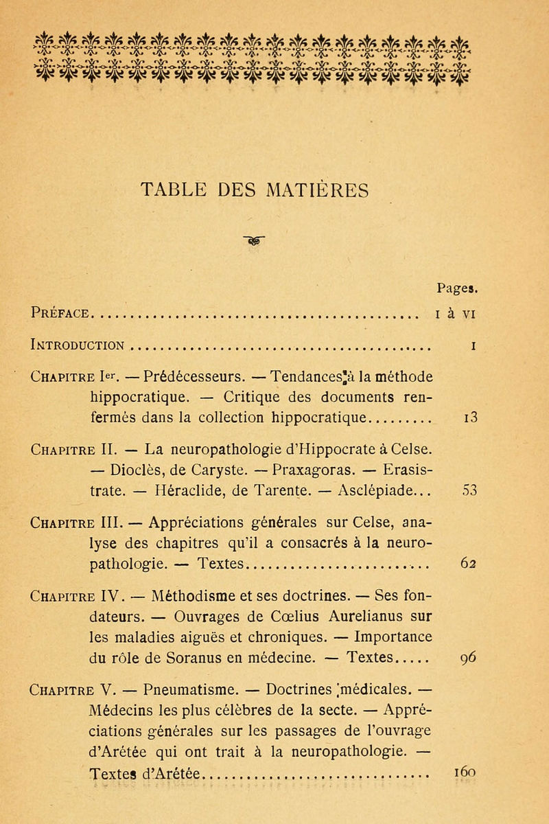 *r % 4i 4i y|S4 4>i «j» 4» 4>r4e4vr>|yr4v^^^^^ TABLE DES MATIÈRES Pages. Préface i à vi Introduction i Chapitre l^''. — Prédécesseurs. — Tendances'à la méthode hippocratique. — Critique des documents ren- fermés dans la collection hippocratique i3 Chapitre II. — La neuropathologie d'Hippocrate à Celse. — Dioclès, de Caryste. ~ Praxagoras. — Erasis- trate. — Héraclide, de Tarente. — Asclépiade... 53 Chapitre III. — Appréciations générales sur Celse, ana- lyse des chapitres qu'il a consacrés à la neuro- pathologie. — Textes 62 Chapitre IV. — Méthodisme et ses doctrines. — Ses fon- dateurs. — Ouvrages de Cœlius Aurelianus sur les maladies aiguës et chroniques. — Importance du rôle de Soranus en médecine. — Textes 96 Chapitre V. — Pneuraatisme. — Doctrines ;médicales. — Médecins les plus célèbres de la secte. — Appré- ciations générales sur les passages de l'ouvrage d'Arétée qui ont trait à la neuropathologie. — Textes d'Arétée 160