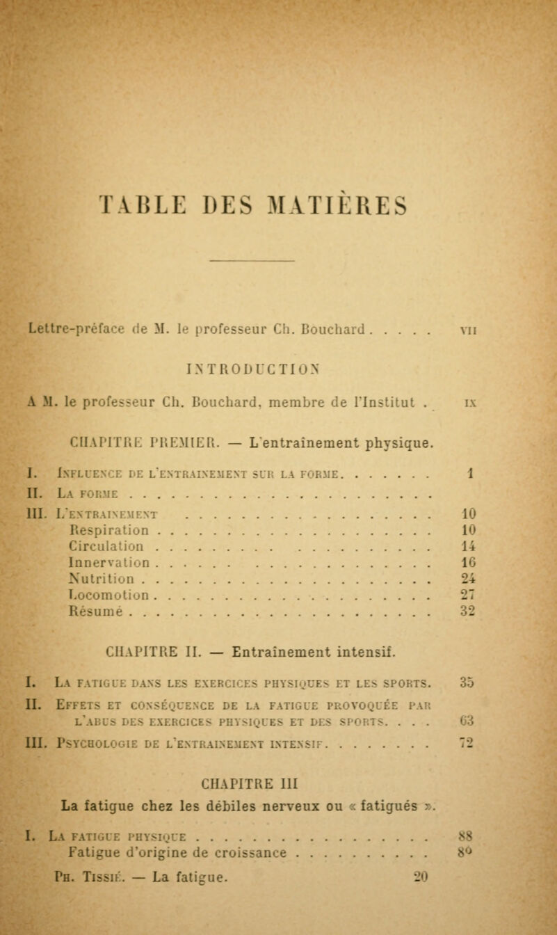 TABLE DES MATIERES Lettre-préface de M. le professeur C!i. Bouchard vu INTRODUCTION A M. le profe^'-ur Ch. Bouchard, membre de l'Institut . ix CUAPITRE PREMIER. — L'entraînement physique. I. Ikflui e de l'entraînement sur la forme 1 II. La FORME III. L'EN TRAIN KM F.NT 10 -piratiun 1 Circulation 14 Innervation 16 Nutrition Locomotion sumé CHAPITRE II. — Entraînement intensif. I. La FATIGUE DANS LES EXERCICES PHYSIQUES ET LE^ SPC 35 IL EFFEI> i -ENCE DE LA FATIGUE PROVOQUÉE PAT: L'ABCS DES EXERCICES PHYSIQUES ET DES 8P( rs. . . . III. Psychologie de l'entraînement intensif CHAPITRE III La fatigue chez les débiles nerveux ou c fatigués : . I. La fatigue physique Fatigue d'origine de croissante N > Ph. Tissié. — La fatigue. 20