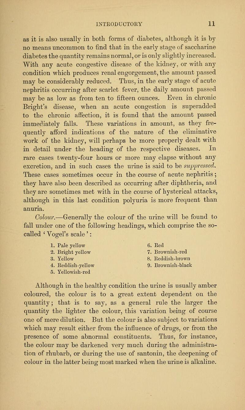 as it is also usually in both forms of diabetes, although it is by no means uncommon to find that in the early stage of saccharine diabetes the quantity remains normal, or is only slightly increased. With any acute congestive disease of the kidney, or with any condition which produces renal engorgement, the amount passed may be considerably reduced. Thus, in the early stage of acute nephritis occurring after scarlet fever, the daily amount passed may be as low as from ten to fifteen ounces. Even in chronic Bright's disease, when an acute congestion is superadded to the chronic affection, it is found that the amount passed immediately falls. These variations in amount, as they fre- quently afford indications of the nature of the eliminative work of the kidney, will perhaps be more properly dealt with in detail under the heading of the respective diseases. In rare cases twenty-four hours or more may elapse without any excretion, and in such cases the urine is said to be supp'essed. These cases sometimes occur in the course of acute nephritis; they have also been described as occurring after diphtheria, and they are sometimes met with in the course of hysterical attacks, although in this last condition polyuria is more frequent than anuria. Colour.—Generally the colour of the urine will be found to fall under one of the following headings, which comprise the so- called ' Vogel's scale ': 1. Pale yellow 6. Eed 2. Bright yellow 7. Brownish-red 3. Yellow 8. Reddish-brown 4. Reddish-yellow 9. Brownish-black 5. Yellowish-red Although in the healthy condition the urine is usually amber coloured, the colour is to a great extent dependent on the quantity; that is to say, as a general rule the larger the quantity the lighter the colour, this variation being of course one of mere dilution. But the colour is also subject to variations which may result either from the influence of drugs, or from the presence of some abnormal constituents. Thus, for instance, the colour may be darkened very much during the administra- tion of rhubarb, or during the use of santonin, the deepening of colour in the latter being most marked when the urine is alkaline.