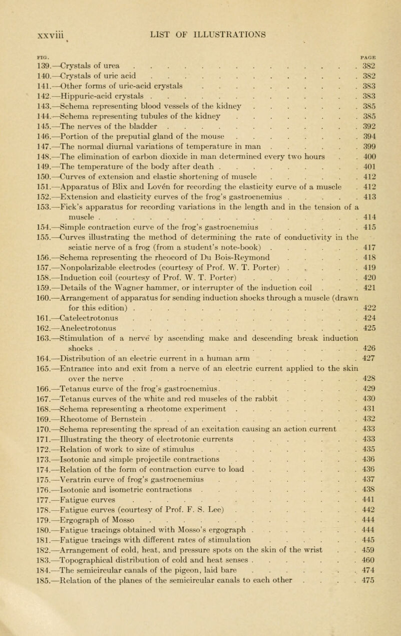 FIG. PAGE 139.—Crystals of urea 382 140.—Crystals of uric acid 382 141.—Other forms of uric-acid crystals 383 142.—Hippuric-acid crystals 383 143.—Schema representing blood vessels of the kidney 385 144.—Schema representing tubules of the kidney 385 145.—The nerves of the bladder 392 146.—Portion of the preputial gland of the mouse 394 147.—The normal diurnal variations of temperature in man 399 148.—The elimination of carbon dioxide in man determined every two hours . 400 149.—The temperature of the body after death 401 150.—Curves of extension and elastic shortening of muscle 412 151.—Apparatus of Blix and Loven for recording the elasticity curve of a muscle . 412 152.—Extension and elasticity curves of the frog's gastrocnemius 413 153.—Fick's apparatus for recording variations in the length and in the tension of a muscle ... 414 154.—Simple contraction curve of the frog's gastrocnemius 415 155.—Curves illustrating the method of determining the rate of conductivity in the sciatic nerve of a frog (from a student's note-book) 417 156.—Schema representing the rheocord of Du Bois-Reymond 418 157.—Nonpolarizable electrodes (courtesy of Prof. W. T. Porter) 419 158.—Induction coil (courtesy of Prof. W. T. Porter) 420 159.—Details of the Wagner hammer, or interrupter of the induction coil . 421 160.—Arrangement of apparatus for sending induction shocks through a muscle (drawn for this edition) 422 161.—Catelectrotonus 424 162.—Anelectrotonus 425 163.—Stimulation of a nerv^e by ascending make and descending break induction shocks 426 164.—Distribution of an electric current in a human arm 427 165.—Entrance into and exit from a nerve of an electric current applied to the skin over the nerve 428 166.—Tetanus curve of the frog's gastrocnemius 429 167.—Tetanus curves of the white and red muscles of the rabbit 430 168.—Schema representing a rheotome experiment 431 169.—Rheotome of Bernstein 432 170.—Schema representing the spread of an excitation causing an action current . 433 171.—Illustrating the theory of electro tonic currents 433 172.—Relation of work to size of stimulus 435 173.—Isotonic and simple projectile contractions 436 174.—Relation of the form of contraction curve to load 436 175.—Veratrin curve of frog's gastrocnemius 437 176.—Isotonic and isometric contractions 438 177.—Fatigue curv'es 441 178.—Fatigue curv^es (courtesy of Prof. F. S. Lee) 442 179.—Ergograph of Mosso 444 180.—Fatigue tracings obtained w^ith Mosso's ergograph 444 181.—Fatigue tracings with different rates of stimulation 445 182.—Arrangement of cold, heat, and pressure spots on the skin of the wrist . . 459 183.—Topographical distribution of cold and heat senses 460 184.—The semicircular canals of the pigeon, laid bare 474 185.—Relation of the planes of the semicircular canals to each other .... 475