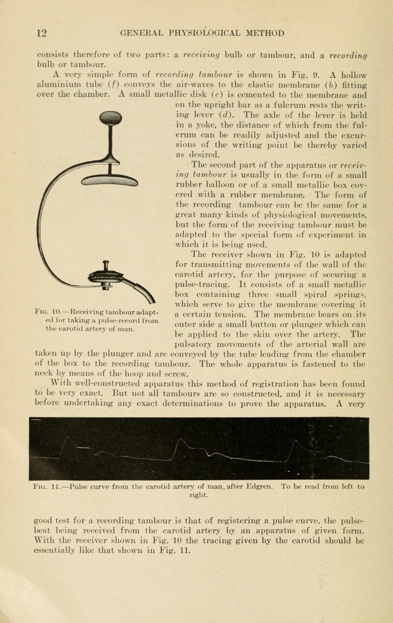 consists therefore of two parts: a receiving bulb or tambour, and a recording bulb or tambour. A very simple form of recording tambour is shown in Fig. 9. A hollow aluminium tube (f) conveys the air-waves to the elastic membrane (b) fitting over the chamber. A small metallic disk (c) is cemented to the membrane and on the upright bar as a fulcrum rests the writ- ing lever (d). The axle of the lever is held in a yoke, the distance of which from the ful- crum can be readily adjusted and the excur- sions of the writing point be thereby varied as desired. The second part of the apparatus or receiv- ing tambour is usually in the form of a small rubber balloon or of a small metallic box cov- ered with a rubber membrane. The form of the recording tambour can be the same for a great many kinds of physiological movements, but the form of the receiving tambour must be adapted to the special form of experiment in which it is being used. The receiver shown in Fig. 10 is adapted for transmitting movements of the wall of the carotid artery, for the purpose of securing a pulse-tracing. It consists of a small metallic box containing three small spiral springs, which serve to give the membrane covering it a certain tension. The membrane bears on its outer side a small button or plunger which can be applied to the skin over the artery. The pulsatory movements of the arterial wall are taken up by the plunger and are conveyed by the tube leading from the chamber of the box to the recording tambour. The whole apparatus is fastened to the neck by means of the hoop and screw. With well-constructed apparatus this method of registration has been found to be very exact. But not all tambours are so constructed, and it is necessary before undertaking any exact determinations to prove the apparatus. A very Fig. 10.—Receiving tambour adapt- ed for taking a pidse-record from the carotid artery of man. Fig. 11.—Pulse curve from tlie carotid artery of man, after Edgren. To be read from left to right. good test for a recording tambour is that of registering a pulse curve, the pulse- beat being received from the carotid artery by an apparatus of given form. With the receiver shown in Fig. 10 the tracing given by the carotid should be essentially like that shown in Fig. 11.