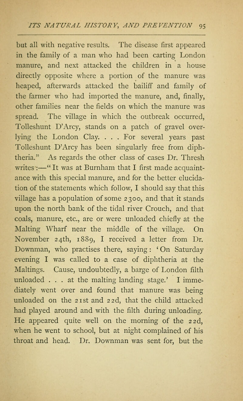 but all with negative results. The disease first appeared in the family of a man who had been carting London manure, and next attacked the children in a house directly opposite where a portion of the manure was heaped, afterwards attacked the bailiff and family of the farmer who had imported the manure, and, finally, other families near the fields on which the manure was spread. The village in which the outbreak occurred, Tolleshunt D'Arcy, stands on a patch of gravel over- lying the London Clay. . . . For several years past Tolleshunt D'Arcy has been singularly free from diph- theria. As regards the other class of cases Dr. Thresh writes':— It was at Burnham that I first made acquaint- ance with this special manure, and for the better elucida- tion of the statements which follow, I should say that this village has a population of some 2300, and that it stands upon the north bank of the tidal river Crouch, and that coals, manure, etc., are or were unloaded chiefly at the Malting Wharf near the middle of the village. On November 24th, 1889, I received a letter from Dr. Downman, who practises there, saying: ' On Saturday evening I was called to a case of diphtheria at the Makings. Cause, undoubtedly, a barge of London filth unloaded ... at the malting landing stage.' I imme- diately went over and found that manure was being unloaded on the 21st and 22d, that the child attacked had played around and with the filth during unloading. He appeared quite well on the morning of the 22d, when he went to school, but at night complained of his throat and head. Dr. Downman was sent for, but the