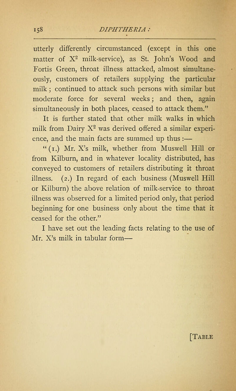 utterly differently circumstanced (except in this one matter of X^ milk-service), as St. John's Wood and Fortis Green, throat illness attacked, almost simultane- ously, customers of retailers supplying the particular milk; continued to attack such persons with similar but moderate force for several weeks; and then, again simultaneously in both places, ceased to attack them. It is further stated that other milk walks in which milk from Dairy X^ was derived offered a similar experi- ence, and the main facts are summed up thus :— (i.) Mr. X's milk, whether from Muswell Hill or from Kilburn, and in whatever locality distributed, has conveyed to customers of retailers distributing it throat illness. (2.) In regard of each business (Muswell Hill or Kilburn) the above relation of milk-service to throat illness was observed for a limited period only, that period beginning for one business only about the time that it ceased for the other. I have set out the leading facts relating to the use of Mr. X's milk in tabular form— [Table