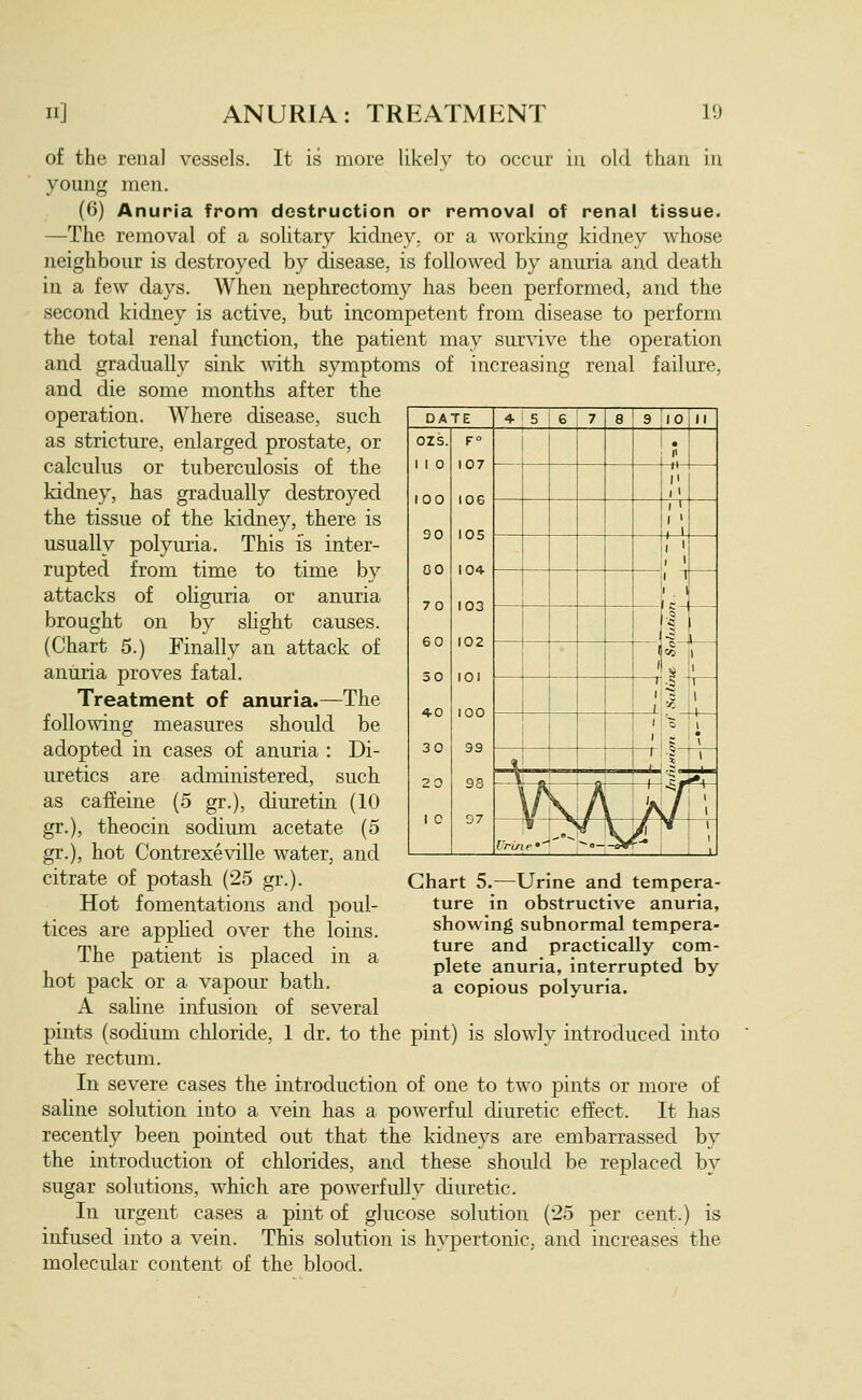 11] ANURIA: TREATMENT 10 of the renal vessels. It is more likelv to occur in old than in young men. (6) Anuria from destruction or removal of renal tissue. —The removal of a solitary kidney, or a working kidney whose neighbour is destroyed by disease, is followed by anuria and death in a few days. When nephrectomy has been performed, and the second kidney is active, but incompetent from disease to perform the total renal function, the patient may survive the operation and gradually sink Avith symptoms of increasing renal failure, and die some months after the operation. Where disease, such as stricture, enlarged prostate, or calculus or tuberculosis of the kidney, has gradually destroyed the tissue of the kidney, there is usually polyuria. This is inter- rupted from time to time by attacks of oliguria or anuria brought on by shght causes. (Chart 5.) Finally an attack of anuria proves fatal. Treatment of anuria.—The follomng measures should be adopted in cases of anuria : Di- uretics are administered, such as caffeine (5 gr.), diuretin (10 gr.), theocin sodium acetate (5 gr.), hot Contrexeville water, and citrate of potash (25 gr.). Hot fomentations and poul- tices are applied over the loins. The patient is placed in a hot pack or a vapour bath. A saline infusion of several DATE 4- i 5 i 6 i 7 8 9 iiolll 1 OZS. 1 1 0 100 90 00 70 60 50 4-0 30 20 1 C F° 107 106 105 104 103 102 101 100 39 93 07 1 • >' i / ' . 1 ■? 1 1 1 1 1 •S 1 1 1 • 1^ V I 1 V o i „ r r«i*l l/\. /\ !^ :/i; Chart 5.—Urine and tempera- ture in obstructive anuria, showing subnormal tempera- ture and practically com- plete anuria, interrupted by a copious polyuria. pints (sodium chloride, 1 dr. to the pint) is slowly introduced into the rectum. In severe cases the introduction of one to two pints or more of saline solution into a vein has a powerful diuretic effect. It has recently been pointed out that the kidneys are embarrassed by the introduction of chlorides, and these should be replaced by sugar solutions, which are powerfully diuretic. In urgent cases a pint of glucose solution (25 per cent.) is infused into a vein. This solution is hypertonic, and increases the molecular content of the blood.