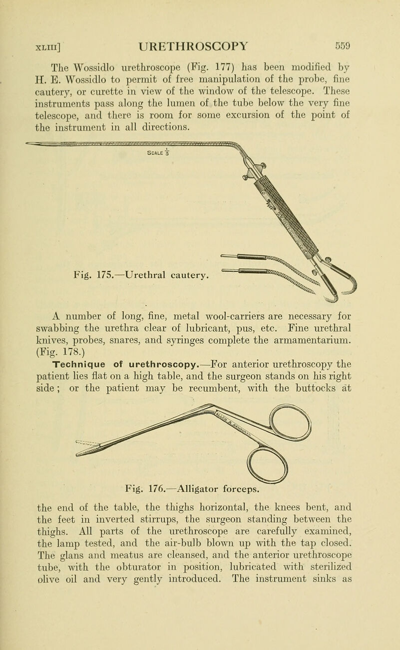 The Wossidlo urethroscope (Fig. 177) has been modified by H. E. Wossidlo to permit of free manipulation of the probe, fine cautery, or curette in view of the window of the telescope. These instruments pass along the lumen of the tube below the very fine telescope, and there is room for some excursion of the point of the instrument in all directions. Fig. 175.—Urethral cautery. A number of long, fine, metal wool-carriers are necessary for swabbing the urethra clear of lubricant, pus, etc. Fine urethral knives, probes, snares, and syringes complete the armamentarium. (Fig. 178.) Technique of urethroscopy.—For anterior urethroscopy the patient lies flat on a high table, and the surgeon stands on his right side; or the patient may be recumbent, with the buttocks at Alligator forceps. the end of the table, the thighs horizontal, the knees bent, and the feet in inverted stirrups, the surgeon standing between the thighs. All parts of the urethroscope are carefully examined, the lamp tested, and the air-bulb blown up with the tap closed. The glans and meatus are cleansed, and the anterior urethroscope tube, with the obturator in position, lubricated with sterilized olive oil and very gently introduced. The instrument sinks as