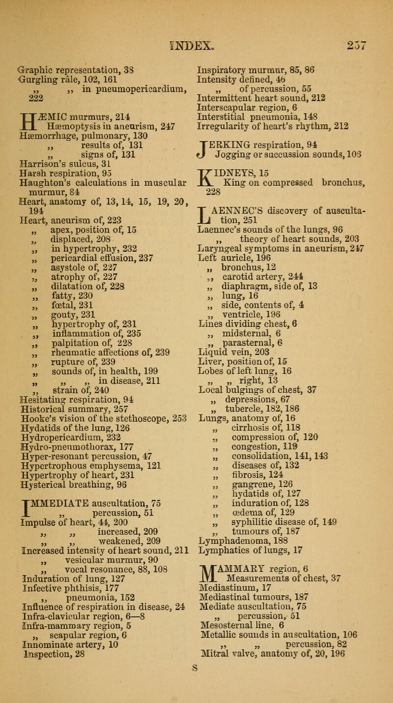 Graphic representation, 3S Gargling rale, 102, 161 „ ,, in pneumoperieardiura, 222 H^MIC murmurs, 214 Haemoptysis in aneurism, 247 Haemorrhage, pulmonary, 130 „ results of, 131 „ signs of, 131 Harrison's sulcus, 31 Harsh respiration, 95 Haughton's caleuiatious in muscular murmur, 84 Heart, anatomy of, 13,14, 15, 19, 20, 194 Heart, aneurism of, 223 „ apex, position of, 15 „ displaced, 208 „ in hypertrophy, 232 „ pericardial effusion, 237 „ asystole of, 227 „ atrophy of, 227 „ dilatation of, 228 „ fatty, 230 „ foetal, 231 „ gouty, 231 „ hypertrophy of, 231 „ inflammation of, 235 „ palpitation of, 228 „ rheumatic affections of, 239 „ rupture of, 239 „ sounds of, in health, 199 „ „ „ in disease, 211 ,, strain of, 240 Hesitating respiration, 94 Historical summary, 257 Hooke's vision of the stethoscope, 253 Hydatids of the lung, 126 Hydropericardium, 232 Hydro-pneumothorax, 177 Hyper-resonant percussion, 47 Hypertrophous emphysema, 121 Hypertrophy of heart, 231 Hysterical breathing, 96 IMMEDIATE auscultation, 75 „ percussion, 51 Impulse of heart, 44, 200 „ „ increased, 209 „ „ weakened, 209 Increased intensity of heart sound, 211 „ vesicular murmur, 90 „ vocal resonance, 88, 108 Induration of lung, 127 Infective phthisis, 177 „ pneumonia, 152 Influence of respiration in disease, 24 Infra-clavicular region, 6—8 Infra-mammary region, 5 „ scapular region, 6 Innominate artery, 10 Inspection, 28 Inspu'atory murmur, 85, 86 Intensity defined, 46 „ of percussion, 55 Intermittent heart sound, 212 Interscapular region, 6 Interstitial pneumonia, 148 Irregularity of heart's rhythm, 212 JERKING respiration, 94 Jogging or saccussion sounds, 103 KIDNEYS, 15 King on compressed bronchus, 228 LAENNEC'S discovery of ausculta- tion, 251 Laennec's sounds of the lungs, 96 „ theory of heart sounds, 203 Laryngeal symptoms in aneurism, 247 Left auricle, 196 „ bronchus, 12 ,, carotid artery, 244 „ diaphragm, side of, 13 „ lung, 16 „ side, contents of, 4 „ ventricle, 196 Lines dividing chest, 6 „ midsternal, 6 „ parasternal, 6 Liquid vein, 203 Liver, position of, 15 Lobes of left lung, 16 „ „ right, 13 Local bulgings of chest, 37 „ depressions, 67 „ tubercle, 182,186 Lungs, anatomy of, 16 „ cirrhosis of, 118 „ compression of, 120 „ congestion, 119 „ consohdation, 141,143 „ diseases of, 132 „ fibrosis, 124 „ gangrene, 126 „ hydatids of, 127 „ induration of, 128 „ oedema of, 129 „ syphilitic disease of, 149 „ tumours of, 187 Lymphadenoma, 188 Lymphatics of lungs, 17 MAMMARY region, 6 Measurements of chest, 37 Mediastinum, 17 Mediastinal tumours, 187 Mediate auscultation, 75 „ percussion, 51 Mesosternal line, 6 Metallic sounds in auscultation, 106 „ „ percussion, 82 Mitral valve, anatomy of, 20, 196 S