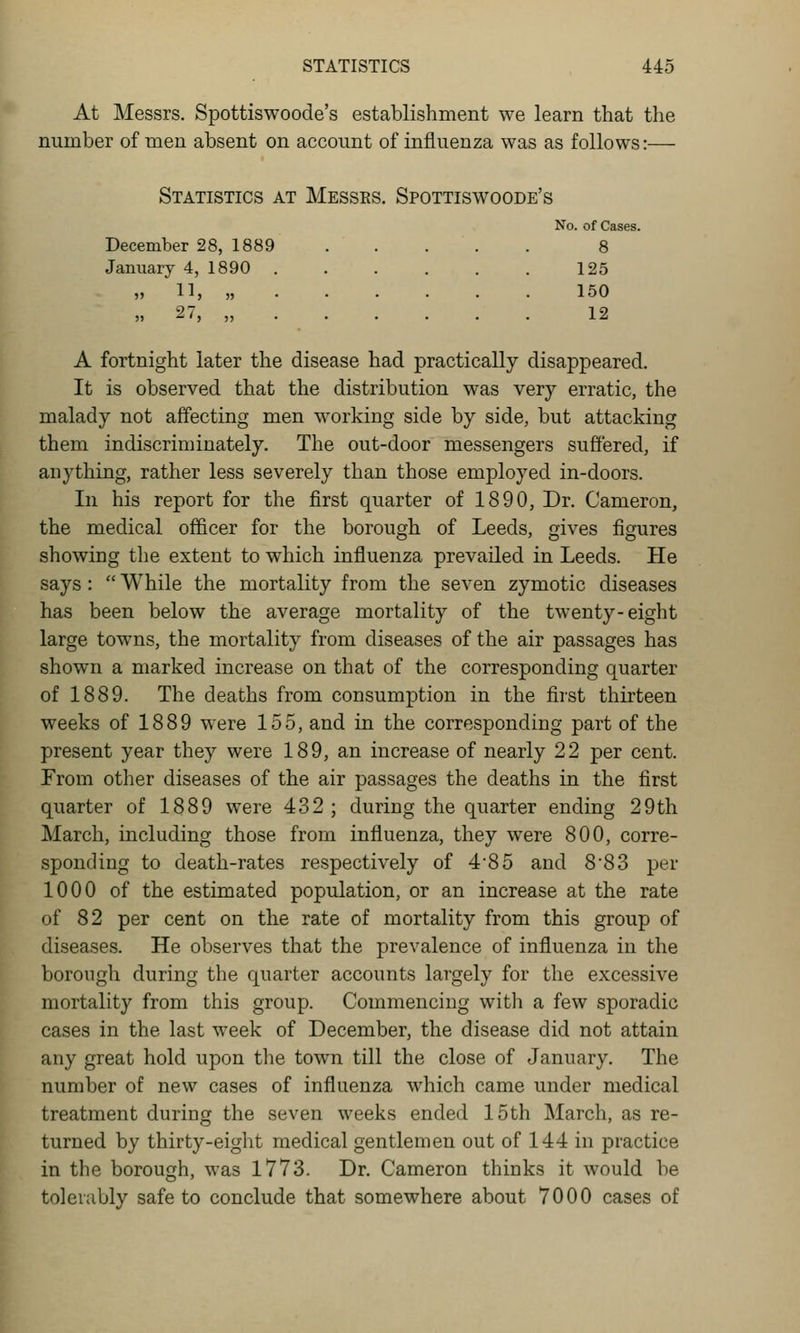 At Messrs. Spottiswoode's establishment we learn that the number of men absent on account of influenza was as follows:— Statistics at Messrs. Spottiswoode's No. of Cases. December 28, 1889 ..... 8 January 4, 1890 125 „ U, „ 150 » 27, „ 12 A fortnight later the disease had practically disappeared. It is observed that the distribution was very erratic, the malady not affecting men working side by side, but attacking them indiscriminately. The out-door messengers suffered, if anything, rather less severely than those employed in-doors. In his report for the first quarter of 1890, Dr. Cameron, the medical officer for the borough of Leeds, gives figures showing the extent to which influenza prevailed in Leeds. He says :  While the mortality from the seven zymotic diseases has been below the average mortality of the twenty-eight large towns, the mortality from diseases of the air passages has shown a marked increase on that of the corresponding quarter of 1889. The deaths from consumption in the first thirteen weeks of 1889 were 155, and in the corresponding part of the present year they were 189, an increase of nearly 22 per cent. From other diseases of the air passages the deaths in the first quarter of 1889 were 432 ; during the quarter ending 29th March, including those from influenza, they were 800, corre- sponding to death-rates respectively of 485 and 8'83 per 1000 of the estimated population, or an increase at the rate of 82 per cent on the rate of mortality from this group of diseases. He observes that the prevalence of influenza in the borough during the quarter accounts largely for the excessive mortality from this group. Commencing with a few sporadic cases in the last week of December, the disease did not attain any great hold upon the town till the close of January. The number of new cases of influenza which came under medical treatment during the seven weeks ended 15th March, as re- turned by thirty-eight medical gentlemen out of 144 in practice in the borough, was 1773. Dr. Cameron thinks it would be tolerably safe to conclude that somewhere about 7000 cases of