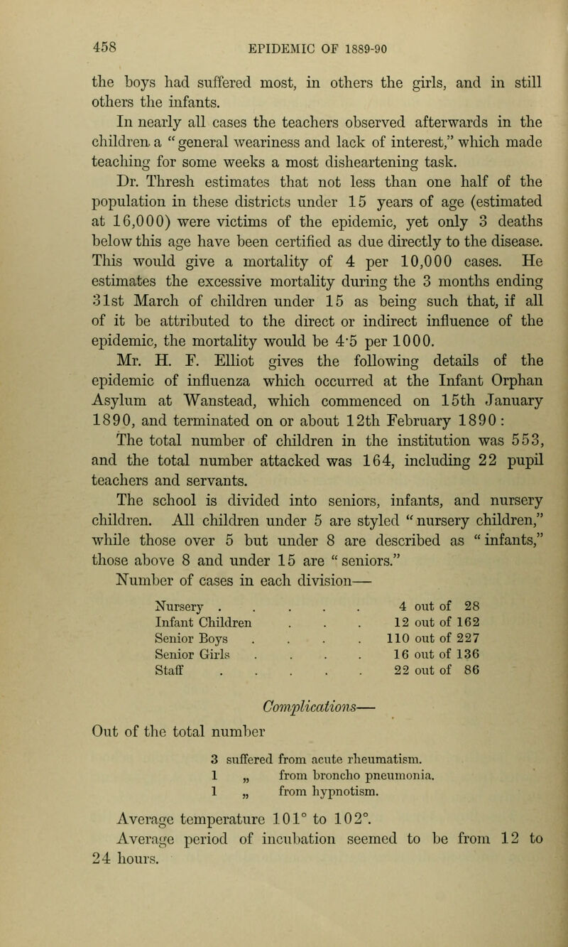 the boys had suffered most, iii others the girls, and in still others the infants. In nearly all cases the teachers observed afterwards in the children a  general weariness and lack of interest, which made teaching for some weeks a most disheartening task. Dr. Thresh estimates that not less than one half of the population in these districts under 15 years of age (estimated at 16,000) were victims of the epidemic, yet only 3 deaths below this age have been certified as due directly to the disease. This would give a mortality of 4 per 10,000 cases. He estimates the excessive mortality during the 3 months ending 31st March of children under 15 as being such that, if all of it be attributed to the direct or indirect influence of the epidemic, the mortality would be 4*5 per 1000. Mr. H. r. Elliot gives the following details of the epidemic of influenza which occurred at the Infant Orphan Asylum at Wanstead, which commenced on 15th January 1890, and terminated on or about 12th February 1890 : The total number of children in the institution was 553, and the total number attacked was 164, including 22 pupil teachers and servants. The school is divided into seniors, infants, and nursery children. All children under 5 are styled nursery children, while those over 5 but under 8 are described as  infants, those above 8 and under 15 are  seniors. Number of cases in each division— Nurserj' ..... 4 out of 28 Infant Children . . . 12 out of 162 Senior Boys . . . . 110 out of 227 Senior Girls . . . . 16 out of 136 Staff 22 out of 86 Comiilicaiions— Out of the total number 3 suffered from acute rheumatism. 1 „ from broncho pneumonia. 1 „ from hypnotism. Average temperature 101° to 102°. Average period of incubation seemed to be from 12 to 24 hours.