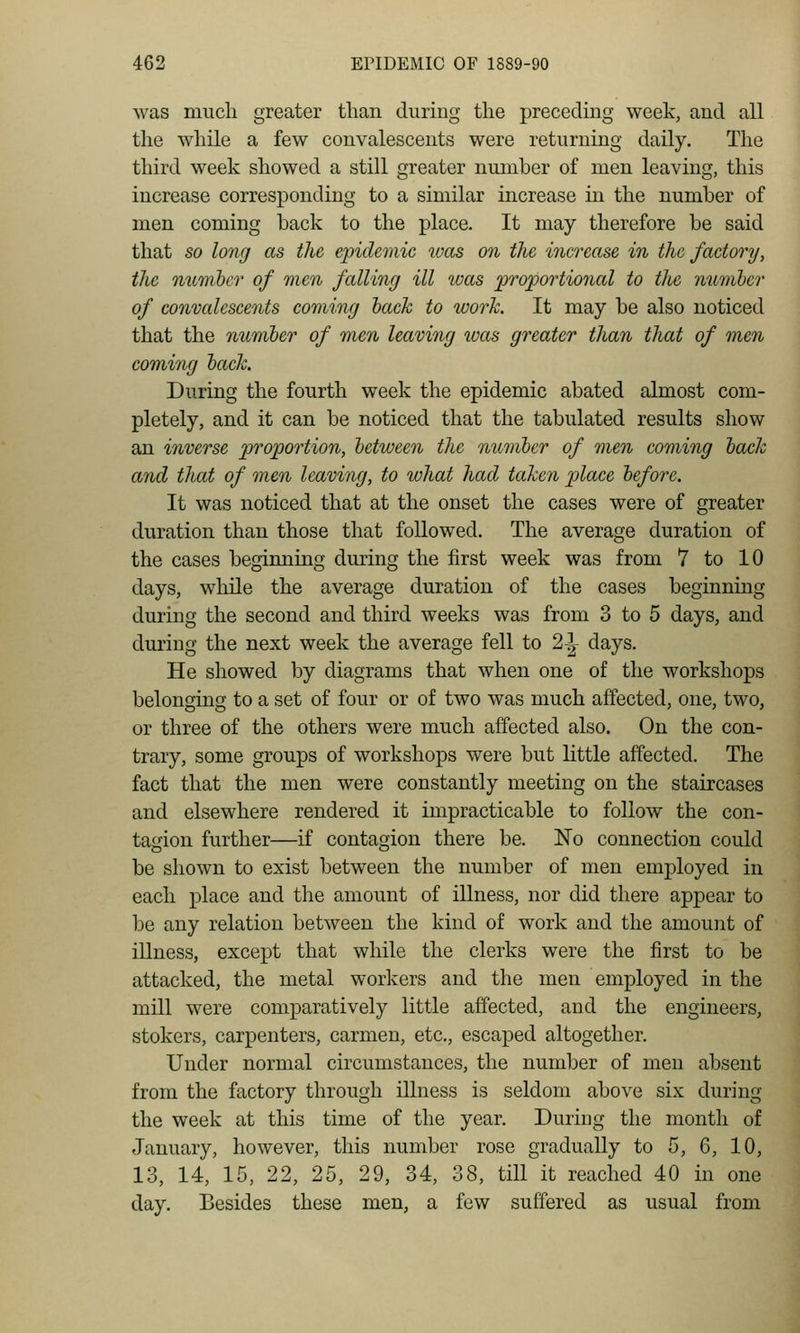 was mucli greater than during the preceding week, and all the while a few convalescents were returning daily. The third week showed a still greater number of men leaving, this increase corresponding to a similar increase in the number of men coming back to the place. It may therefore be said that so long as the epidemic loas on the increase in the factory, the numhcr of men falling ill was proportional to the numher of convalescents coming hack to work. It may be also noticed that the numher of men leaving was greater than that of men coming hack. During the fourth week the epidemic abated almost com- pletely, and it can be noticed that the tabulated results sliow an inverse proposition, hetween the numher of men coming hack and that of men leaving, to what had taken place heforc. It was noticed that at the onset the cases were of greater duration than those that followed. The average duration of the cases beginning during the first week was from 7 to 10 days, while the average duration of the cases beginning during the second and third weeks was from 3 to 5 days, and during the next week the average fell to 21 days. He showed by diagrams that when one of the workshops belonging to a set of four or of two was much affected, one, two, or three of the others were much affected also. On the con- trary, some groups of workshops were but little affected. The fact that the men were constantly meeting on the staircases and elsewhere rendered it impracticable to follow the con- tagion further—if contagion there be. No connection could be shown to exist between the number of men employed in each place and the amount of illness, nor did there appear to be any relation between the kind of work and the amount of illness, except that while the clerks were the first to be attacked, the metal workers and the men employed in the mill were comparatively little affected, and the engineers, stokers, carpenters, carmen, etc., escaped altogether. Under normal circumstances, the number of men absent from the factory through illness is seldom above six during the week at this time of the year. During the month of January, however, this number rose gradually to 5, 6, 10, 13, 14, 15, 22, 25, 29, 34, 38, till it reached 40 in one day. Besides these men, a few suffered as usual from