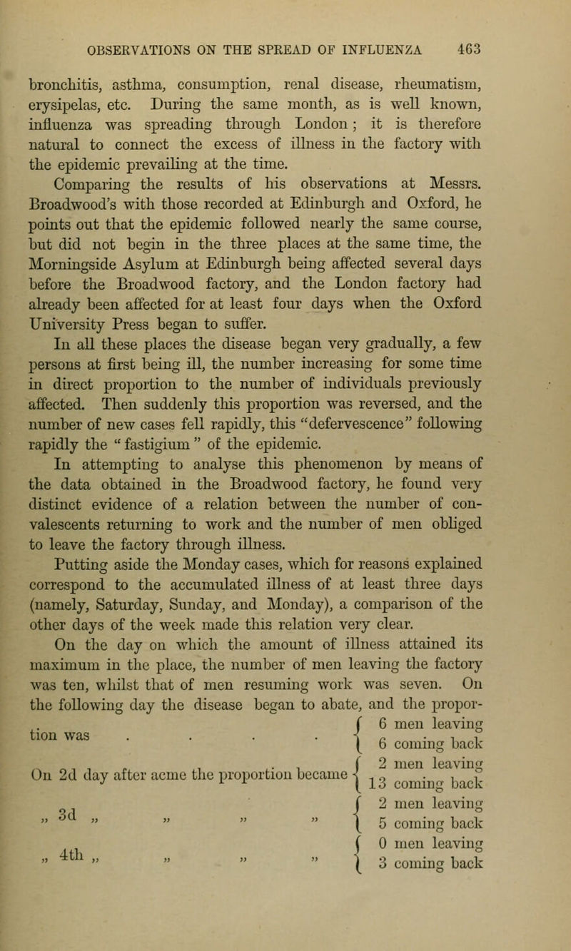 bronchitis, asthma, consumption, renal disease, rheumatism, erysipelas, etc. During the same month, as is well known, influenza was spreading through London; it is therefore natural to connect the excess of illness in the factory with the epidemic prevailing at the time. Comparing the results of his observations at Messrs. Broadwood's with those recorded at Edinburgh and Oxford, he points out that the epidemic followed nearly the same course, but did not begin in the three places at the same time, the Morningside Asylum at Edinburgh being affected several days before the Broadwood factory, and the London factory had already been affected for at least four days when the Oxford University Press began to suffer. In all these places the disease began very gradually, a few persons at first being ill, the number increasing for some time in direct proportion to the number of individuals previously affected. Then suddenly this proportion was reversed, and the number of new cases fell rapidly, this defervescence following rapidly the fastigium of the epidemic. In attempting to analyse this phenomenon by means of the data obtained in the Broadwood factory, he found very distinct evidence of a relation between the number of con- valescents returning to work and the number of men obhged to leave the factory through illness. Putting aside the Monday cases, which for reasons explained correspond to the accumulated illness of at least three days (namely, Saturday, Sunday, and Monday), a comparison of the other days of the week made this relation very clear. On the day on which the amount of illness attained its maximum in the place, the number of men leaving the factory- was ten, whilst that of men resuming work was seven. On the following day the disease began to abate, and the i^ropor- {6 men leaving 6 commg back ^. , r , , • T (2 men leaving On 2d day after acme the proportion became ■{ ., o • if '^ ^ ^ I lo coming back ^ j 2 men leaving '^ I 5 coming back ( 0 men leaving 4th I 3 coming back