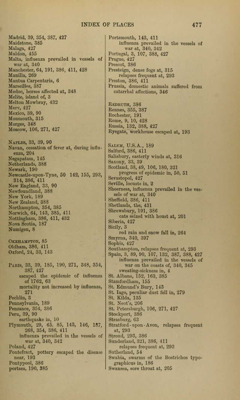 Madrid, 39, 354, 387, 427 Maidstone, 385 Malaga, 427 Maldon, 455 Malta, influenza prevailed in vessels of war at, 340 Manchester, 64, 191, 386, 411, 428 Manilla, 269 Mantua Carpentaria, 6 Marseilles, 387 Medoc, horses afifected at, 348 Melite, island of, 3 Melton Mowbray, 432 Merv, 427 Mexico, 39, 90 Monmouth, 315 Morges, 348 Moscow, 106, 271, 427 Naples, 33, 39, 90 Navan, cessation of fever at, during influ- enza, 204 Negapatam, 145 Netherlands, 388 Newark, 190 Newcastle-upon-Tyne, 50 142, 155, 293, 314, 386, 411 New England, 33, 90 Newfoundland, 388 New York, 189 New Zealand, 388 Northampton, 354, 385 Norwich, 64, 143, 385, 411 Nottingham, 386, 411, 432 Nova Scotia, 187 Numigen, 8 Okehampton, 85 Oldham, 386, 411 Oxford, 24, 33, 143 Paris, 33, 39, 185, 190, 271, 348, 354, 387, 427 escaped the epidemic of influenza of 1762, 63 mortality not increased by influenza, 271 Pechlin, 3 Pennsylvania, 189 Penzance, 354, 386 Peru, 39, 90 earthquake in, 10 Plymouth, 29, 65, 85, 143, 146, 187, 268, 354, 386, 411 influenza prevailed in the vessels of war at, 340, 342 Poland, 427 Pontefract, pottery escaped the disease near, 193 Pontyi^ol, 386 portsea, 190, 385 Portsmouth, 143, 411 influenza prevailed in the vessels of war at, 340, 342 Portugal, 3, 107, 388, 427 Prague, 427 Prescot, 386 Presteign, dense fogs at, 315 relapses frequent at, 293 Preston, 386, 411 Prussia, domestic animals suffered from catarrhal affections, 346 Redruth, 386 Rennes, 355, 387 Rochester, 191 Rome, 9, 10, 428 Russia, 132, 388, 427 Ryegate, workhouse escaped at, 193 Salem, U.S.A., 189 Salford, 386, 411 Salisbury, easterly winds at, 316 Saxony, 33, 39 Scotland, 38, 49, 106, 180, 321 progress of epidemic in, 50, 51 Sevastopol, 427 Seville, locusts in, 2 Sheerness, influenza prevailed in the ves- sels of war at, 340 Shefiield, 386, 411 Shetlands, the, 431 Shrewsbury, 191, 386 cats seized with houst at, 201 Siberia, 427 Sicily, 3 red rain and snow fall in, 264 Smyrna, 340, 397 Sophia, 427 Soutlianipton, relapses frequent at, 293 Spain, 3, 89, 90, 107, 132, 387, 388, 427 influenza prevailed in the vessels of war on the coasts of, 340, 345 sweating-sickness in, 4 St. Albans, 152, 163, 385 Stamfordhani, 155 St. Edmund's Bury, 143 St. lago, peculiar dust fell in, 279 St. Kilda, 135 St. Neot's, 206 St. Petersburg!!, 106, 271, 427 Stockport, 386 Strasburg, 63 Stratford - upon - Avon, relapses frequent at, 293 Stroud, 293, 386 Sunderland, 321, 386, 411 relapses frequent at, 293 Sutherland, 54 Swabia, swarms of the Bostrichos typo- graphicus in, 186 Swansea, sore throat at, 205