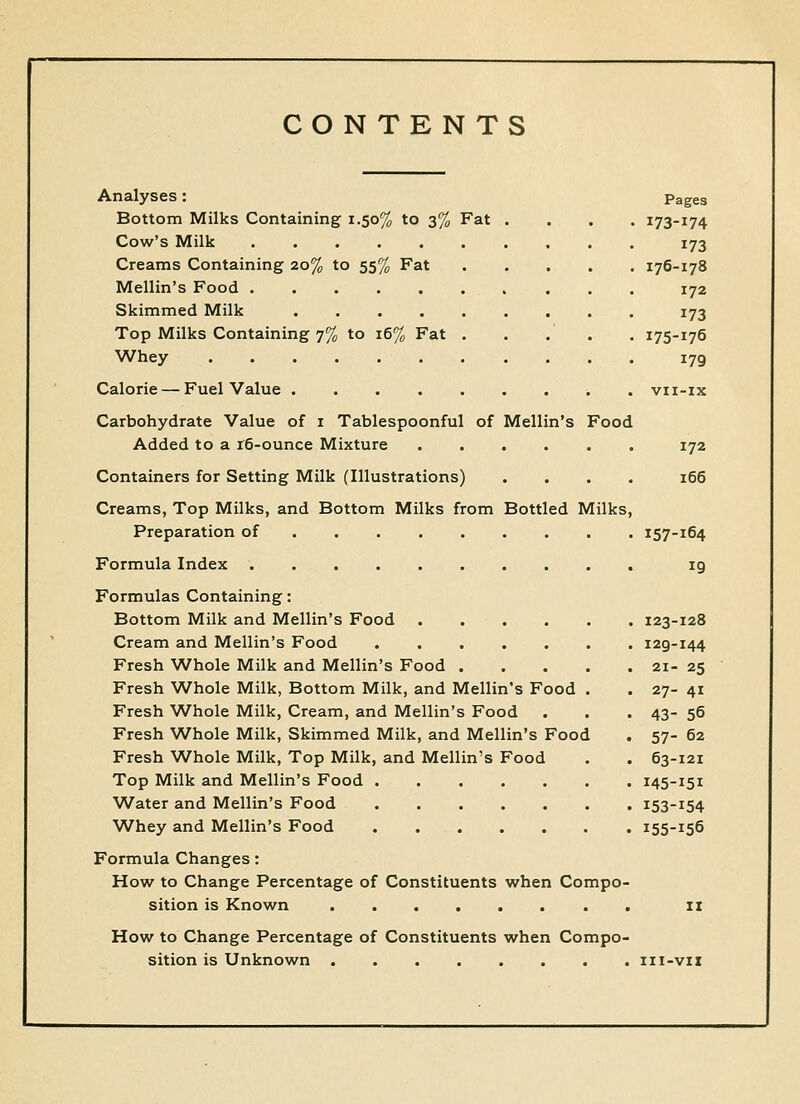 CONTENTS Analyses: Pages Bottom Milks Containing 1.50% to 3% Fat .... 173-174 Cow's Milk 173 Creams Containing 20% to 55% Fat 176-178 Mellin's Food 172 Skimmed Milk 173 Top Milks Containing 7% to 16% Fat . . . . . 175-176 Whey 179 Calorie — Fuel Value . vii-ix Carbohydrate Value of i Tablespoonful of Mellin's Food Added to a i6-ounce Mixture 172 Containers for Setting Milk (Illustrations) .... 166 Creams, Top Milks, and Bottom Milks from Bottled Milks, Preparation of 157-164 Formula Index ig Formulas Containing: Bottom Milk and Mellin's Food 123-128 Cream and Mellin's Food 129-144 Fresh Whole Milk and Mellin's Food 21- 25 Fresh Whole Milk, Bottom Milk, and Mellin's Food . . 27- 41 Fresh Whole Milk, Cream, and Mellin's Food . . . 43- 56 Fresh Whole Milk, Skimmed Milk, and Mellin's Food , 57- 62 Fresh Whole Milk, Top Milk, and Mellin's Food . . 63-121 Top Milk and Mellin's Food 145-151 Water and Mellin's Food 153-154 Whey and Mellin's Food 155-156 Formula Changes: How to Change Percentage of Constituents when Compo- sition is Known . 11 How to Change Percentage of Constituents when Compo- sition is Unknown iii-vix
