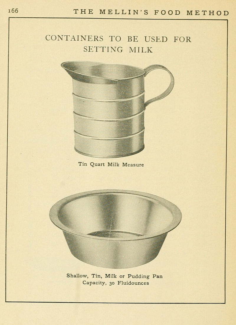 CONTAINERS TO BE USED FOR SETTING MILK Tin Quart Milk Measure Shallow, Tin, Milk or Pudding Pan Capacity, 30 Fluidounces