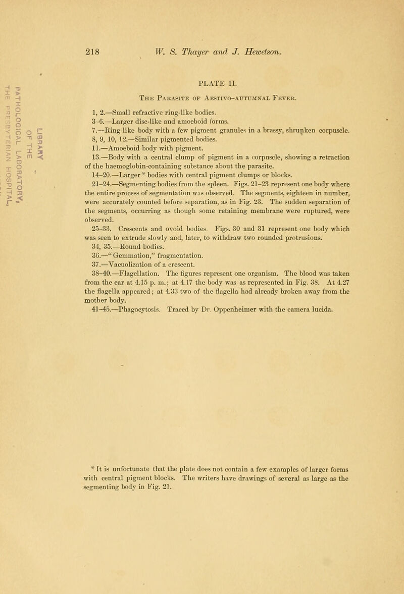 ' -{ r- ? 3! > < 218 IF. S. Thayer and J. Hewd.son. -i Thk Parasite op AESxivo-AurrMNAi, Fever. I P 1, 2.—Small refractive ring-like bodies. O 3-6.—Larger disc-like and amoeboid forms. J^ Q n 7.—Ring like body with a few pigment granules in a brassy, shrunken corpuscle. 8, 9, 10, 12.—Similar pigmented bodies. 11.—Amoeboid body with pigment. ■> m ^ 13.—Body with a central clump of pigment in a corpuscle, showing a retraction of the haemoglobin-containing substance about the parasite. 14-20.—Larger* bodies with central pigment clumps or blocks. 21-24.—Segmenting bodies from the spleen. Figs. 21-23 represent one body where the entire process of segmentation was observed. The segments, eighteen in number, were accurately counted before separation, as in Fig. 23. The sudden separation of the segments, occurring as though some retaining membrane were ruptured, were observed. 25-33. Crescents and ovoid bodies. Figs. 30 and 31 represent one body which was seen to extrude slowly and, later, to withdraw two rounded protrusions. 34, 35.—Round bodies. 36.— Gemmation, fragmentation. 37.—Vacuolization of a crescent. 38-40.—Flagellation. The figures represent one organism. The blood was taken from the ear at 4.15 p. m.; at 4.17 the body was as represented in Fig. 38. At 4.27 the flagella appeared; at 4.33 two of the fiagella had already broken away from the mother body. 41-45.—Phagocytosis. Traced by Dr. Oppenheimer with the camera lucida. * It is unfortunate that the plate does not contain a few examples of larger forms with central pigment blocks. The writers have drawings of several as large as the segmenting body in Fig. 21.