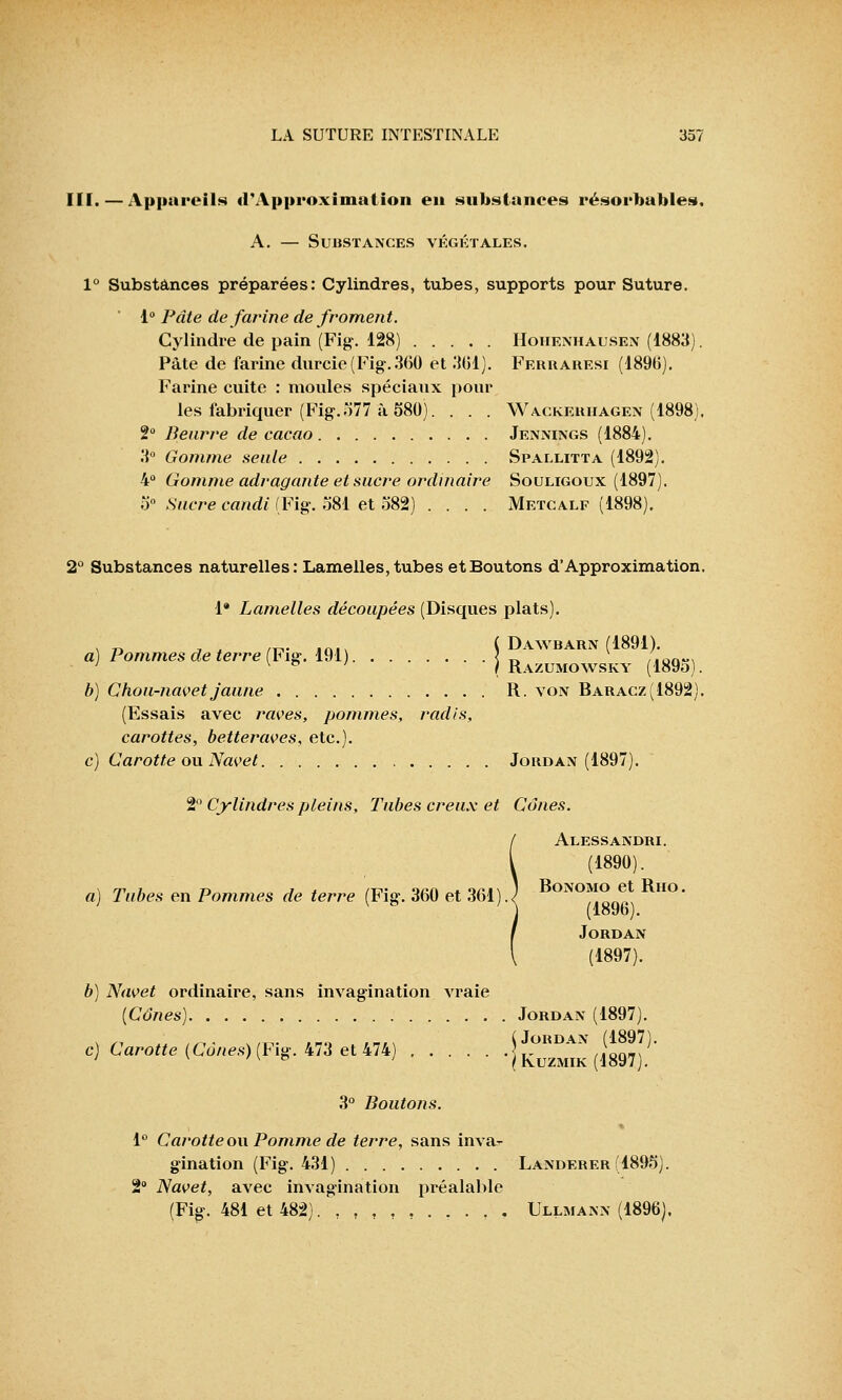 III. — Appareils d'Approximation en substances résorbables. A. — Substances végétales. 1° Substances préparées: Cylindres, tubes, supports pour Suture. 1° Pâte de farine de froment. Cylindre de pain (Fig. 128) Hohenhausen (1883). Pâte de farine durcie (Fig-. 360 et 301). Ferraresi (1890). Farine cuite : moules spéciaux pour les fabriquer (Fig.377 à 580). . . . Wackerhagen (1898). 2° Beurre de cacao Jennings (1884). 3° Gomme seule Spallitta (1892). 4° Gomme adragante et sucre ordinaire Soulïgoux (1897). 5° Sucre candi (Fig. 581 et 582) .... Metcalf (1898). 2° Substances naturelles: Lamelles, tubes et Boutons d'Approximation, !• Lamelles découpées (Disques plats). a) Pommes de terre (Fig. 191) j ^^Xsky^ISBS) . b) Chou-navet jaune R. von Baracz(1892). (Essais avec raves, pommes, radis, carottes, betteraves, etc.). c) Carotte ou Navet Jordan (1897). 2° Cylindres pleins, Tubes creux et Cônes. Alessandri. (1890). Bonomo et Riio. Jordan (1897). b) Navet ordinaire, sans invagination vraie {Cônes) Jordan (1897). /-r,. v/t,. ,r... ,-„ (Jordan (1897). c)£arotte(Cones)(Fig.metm) JKuzmik (1897). 3° Boutons. 1° Carotte ou Pomme de terre, sans inva- gination (Fig. 431) Landerer(1895). 2° Navet, avec invagination préalable (Fig. 481 et 482). ',,,,,.,.,, Ullmann (1896).