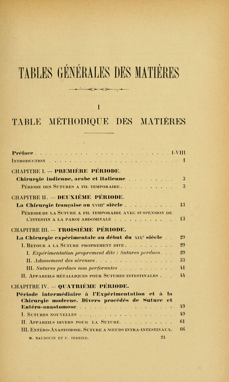 TABLES GÉNÉRALES DES MATIÈRES —-*=—-f; 1 TABLE MÉTHODIQUE DES MATIÈRES Préface I-VIII INTRODUCTION 1 CHAPITRE I. — PREMIÈRE PÉRIODE. Chirurgie indienne, arabe et italienne .'{ Période des Sutures a fil temporaire 'A CHAPITRE II. —DEUXIÈME PÉRIODE. La Chirurgie française au xvme siècle l'.i Péuiodede la Suture a fil temporaire avec suspension de l'intestin a la paroi abdominale 13 CHAPITRE III. — TROISIÈME PÉRIODE. La Chirurgie expérimentale au début du xixe siècle . . 29 I. Retour a la Suture proprement dite 29 I. Expérimentation proprement dite : Sutures perdues. . . 29 II. Adossernent des séreuses <X'{ III. Sutures perdues non perforantes 41 H. Appareils métalliques pour Sutures intestinales ... 44 CHAPITRE IV. — QUATRIÈME PÉRIODE. Période intermédiaire à l'Expérimentation et à la Chirurgie moderne. Divers procédés de Suture et Enléro-anastomose 49 I. Sutures nouvelles 49 II. Appareils divers pouli la Suture 61 III. Entéro-Anastomose. Suture a nœuds intra-ixtestln aux. 66 M. BAUDOUIN ET 1. TERRIER. 24