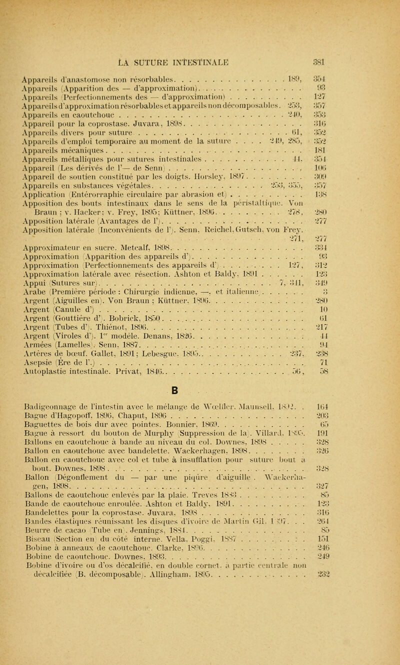 Appareils d'anastomose non résorbables 189, -j-_» J Appareils (Apparition des — d'approximation) 93 Appareils Perfectionnements des — d'approximation) 127 Appareils d'approximation résorbables et appareils non décomposables. 253, 357 Appareils en caoutchouc 240, '■'>')■'> Appareil puni' la coprostase. Juvara, 1898 316 Appareils divers pour suture 61, 352 Appareils d'emploi temporaire au moment de la suture .... 219, 285, 352 Appareils mécaniques In] Appareils métalliques pour sutures intestinales 11. 351 Appareil (Les dérivés de 1'— de Senn 106 Appareil de soutien constitué par les doigts. Ilorsley. 1897 :!(>'.i Appareils en substances végétales 253, 'ùôô. 357 Application Entérorraphie circulaire par abrasion et; 138 Apposition des bouts intestinaux dans le sens de la péristaltiqûe. Von Braun: v. Hacker; v. Frey, 1895; Kûttner,-1896. 27s. 280 Apposition latérale (Avantages de l'j 277 Apposition latérale Inconvénients de 1'). Senn, Reichel.Gutsch. von Frey. ■ ' 271, 277 Approximateur en sucre. Metcalf, 1898 334 Approximation Apparition des appareils d') 93 Approximation Perfectionnements des appareils d; . . . ... . . 127, 312 Approximation latérale avec résection. Ashton et Baldy, 1891 123 Appui Sutures sur; 7,-3-11. 349 Arabe (Première période : Chirurgie indienne. —. et italienne :; Argent (Aiguilles en). Von Braun ; Kùttner. 1896 280 Argent (Canule d') 10 Argent (Gouttière d';. Bobrick, 1850 . 151 Argent (Tubes d'). Thiénot, 1890 217 Argent ^ Viroles d1). 1er modèle. Denans, 1820 -14 Armées (Lamelles . Senn. 1887 94 Artères de bœuf. Gallet, 1891; Lebesgue. 1805 237, 238 Asepsie (Ere de 1.) 71 Autoplastie intestinale. Privât, 1840 50, 58 B Badigeonnage de l'intestin avec le mélange de Wœlflcr. Mauusell. 1892. . 1G4 Bague d'Hagopoff, 1890, Chaput, 1890 203 Baguettes de bois dur avec pointes. Bonnier. 1869 65 Bague à ressort du bouton de Murphy Suppression de la). Villard. IS05. 101 Ballons en caoutchouc à bande au niveau du col. Downes, 1898 :J2S Ballon en caoutchouc avec bandelette. Wackerhagen. 1898 326 Ballon en caoutchouc avec col et tube à insufflation pour suture bout a bout. Downes. 1898 .... :>28 Ballon Dégonflement du — par une piqûre d'aiguille . Wackerha- gen, 1898 • • • 327 Ballons de caoutchouc enlevés par la plaie. Trêves 1833 85 Bande de caoutchouc enroulée. Ashton et Baldy. 1891 123 Bandelettes pour la coprostase. Juvara. 1898 :!10 Bandes élastiques réunissant les disques d'ivoire de Martin Gil. 1 597. . . 204 Beurre de cacao (Tube en). Jennings, 18S4 85 Biseau Section en du côté interne. Vella. Poggi. ISS? loi Bobine à anneaux de caoutchouc. Clarke. 1^(|0 240 Bobine de caoutchouc. Downes. 1893 249 Bobine d'ivoire ou d'os décalcifié, en double cornet- a partie centrale non décalcifiée ,B. décomposable. Allingham, 1895 232