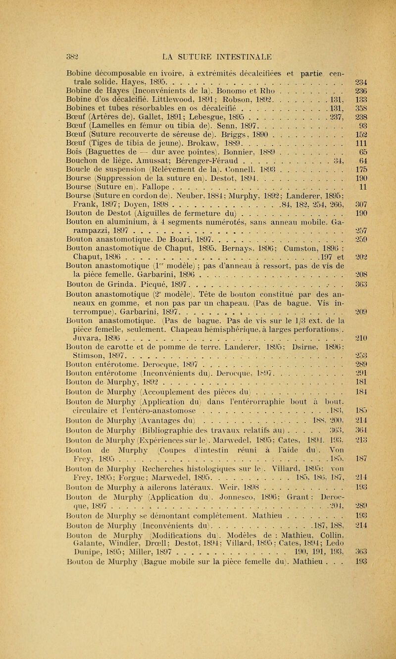 Bobine décomposable en ivoire, à extrémités décalcifiées et partie cen- trale solide. Hayes, 1895 234 Bobine de Hayes (Inconvénients de la). Bonomo et Rho 236 Bobine d'os décalcifié. Littlewood, 1891 ; Robson, 1892 131, 133 Bobines et tubes résorbables en os décalcifié 131, 358 Bœuf (Artères de). Gallet, 1891; Lebesgue, 1895 . 237, 238 Bœuf (Lamelles en fémur ou tibia de). Senn, 1897 . 93 Bœuf (Suture recouverte de séreuse de). Briggs, 1890 152 Bœuf (Tiges de tibia de jeune). Brokaw, 1889 111 Bois (Baguettes de — dur avec pointes). Bonnier, 1889 65 Bouchon de liège. Amussat; Bérenger-Féraud 34, 64 Boucle de suspension (Relèvement de la). Oonnell. 1893 175 Bourse (Suppression de la suture en). Destot, 1894 190 Bourse (Suture en). Fallope 11 Bourse (Suture en cordon de). Neuber, 1884; Murphy, 1892; Landerer, 1895: Frank, 1897; Doyen, 1898 84, 182, 254, 266, 307 Bouton de Destot (Aiguilles de fermeture du) 190 Bouton en aluminium, à 4 segments numérotés, sans anneau mobile. Ga- rampazzi, 1897 257 Bouton anastomotique. De Boari, 1897 259 Bouton anastomotique de Chaput, 1895. Bernays. 1896; Cumston, 1896 ; Chaput, 1896 197 et 202 Bouton anastomotique (1er modèle) ; pas d'anneau à ressort, pas de vis de la pièce femelle. Garbarini, 1896 208 Bouton de Grinda. Picqué, 1897 ■ . . 363 Bouton anastomotique (2e modèle). Tête de bouton constitué par des an- neaux en gomme, et non pas par un chapeau. (Pas de bague. Vis in- terrompue). Garbarini, 1897 . . » 209 Bouton anastomotique. (Pas de bague. Pas de vis sur le 1/3 ext. de la pièce femelle, seulement. Chapeau hémisphérique, à larges perforations). Juvara, 1896 210 Bouton de carotte et de pomme de terre. Landerer, 1895; Dsirne. 1896: Stimson, 1897 253 Bouton entérotome. Derocque, 1897 289 Bouton entérotome (Inconvénients du). Derocque. 1897 291 Bouton de Murphy, 1892 181 Bouton de Murphy (Accouplement des pièces du) 184 Bouton de Murphy (Application du) dans l'eiitérorraphie bout à bout. circulaire et i'entéro-anastomose 183, 185 Bouton de Murphy (Avantages du) 188, 200. 214 Bouton de Murphy (Bibliographie des travaux relatifs au) 363, 364 Bouton de Murphy (Expériences sur le). Marwedel, 1895; Cates. 1894. 193. 213 Bouton de Murphy (Coupes d'intestin réuni à Faide du . Von Frey, 1895 185. 187 Bouton de Murphy (Recherches histologiques sur le). Villard. 1895; von Frey, 1895; Forgue; Marwedel, 1895 . . . 185,186,187, 214 Bouton de Murphy à ailerons latéraux. Weir, 1898 193 Bouton de Murphy (Application du;. Jonnesco, 1896; Grant ; Deroc- que, 1897 20J, 289 Bouton de Murphy se démontant complètement. Mathieu 193 Bouton de Murphy (Inconvénients du). . : 187,188, 214 Bouton de Murphy (Modifications du). Modèles de : Mathieu, Collin. Galante, Windler, Drœll; Destot, 1894; Villard, 1895; Cates, 1894; Ledo Dunipe, 1895; Miller, 1897 190, 191, 193, 363 Bouton de Murphy (Bague mobile sur la pièce femelle du). Mathieu . . . 193