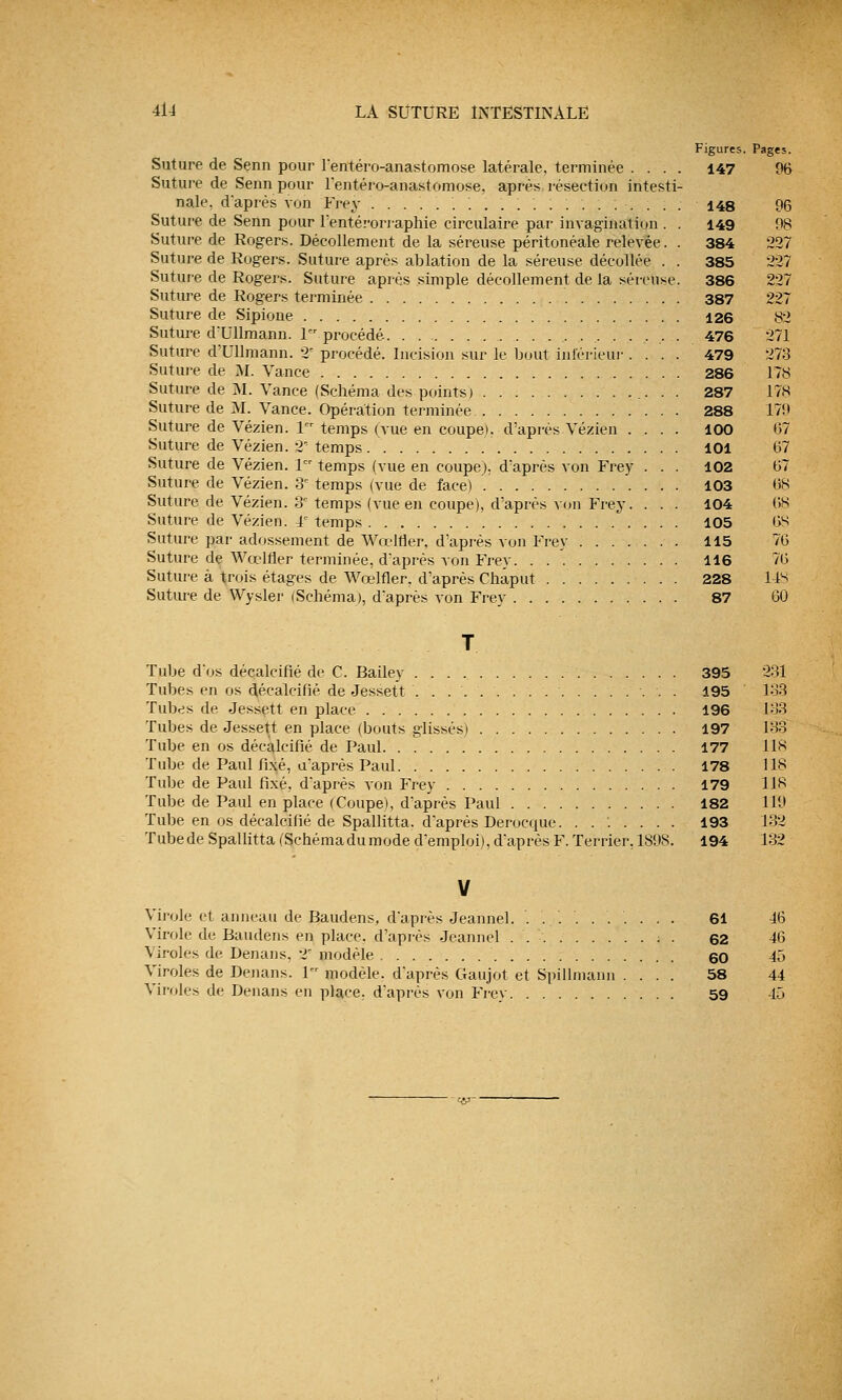 Figures. Pages. Suture de Senn pour l'entéro-anastomose latérale, terminée .... 147 06 Suture de Senn pour l'entéro-anastomose, après résection intesti- nale, d'après von Frey 148 96 Suture de Senn pour l'entérorraphie circulaire par invagination . . 149 98 Suture de Rogers. Décollement de la séreuse péritonéale relevée. . 384 227 Suture de Rogers. Suture après ablation de la séreuse décollée . . 385 227 Suture de Rogers. Suture après simple décollement de la séreuse. 386 227 Suture de Rogers terminée 387 227 Suture de Sipione 126 82 Suture d'Ullmann. 1 procédé '. , 476 271 Suture d'Ullmann. 2e procédé. Incision sur le bout inférieur .... 479 273 Suture de M. Vance 286 178 Suture de M. Vance (Schéma des points) . . 287 178 Suture de M. Vance. Opération terminée 288 179 Suture de Vézien. 1 temps (vue en coupe), d'après Vézien .... 100 67 Suture de Vézien. 2 temps 101 67 Suture de Vézien. 1 temps (vue en coupe), d'après von Frey . . . 102 67 Suture de Vézien. 3° temps (vue de face) 103 68 Suture de Vézien. 3e temps (vue en coupe), d'après von Frey. . . . 104 68 Suture de Vézien. 4e temps 105 6S Suture par adossement de Wœlfler, d'après von Frey 115 76 Suture de Wœltler terminée, d'après von Frey 116 76 Suture à trois étages de Wœlfler. d'après Cliaput 228 148 Suture de Wysler (Schéma), d'après von Frey 87 60 T Tube d'os décalcifié de C. Bailey 395 231 Tubes en os décalcifié de Jessett . . 195 133 Tubes de Jessett en place 196 133 Tubes de Jessett en place (bouts glissés) 197 133 Tube en os décalcifié de Paul 177 118 Tube de Paul fixé, a'après Paul 178 118 Tube de Paul fixé, d'après von Frey 179 118 Tube de Paul en place (Coupe), d'après Paul 182 119 Tube en os décalcifié de Spallitta. d'après Derocque. ....... 193 132 Tubede Spallitta (Schémadumode d'emploi), d'après F. Terrier, 1898. 194 132 V Virole et anneau de Baudens, d'après Jeannel. .......... 61 46 Virole de Baudens en place, d'après Jeannel . 62 46 Viroles de Denans. 2 modèle . 60 45 Viroles de Denans. 1 modèle, d'après Gaujot et Spillmann .... 58 44 Viroles de Denans en place, d'après von Frey 59 45