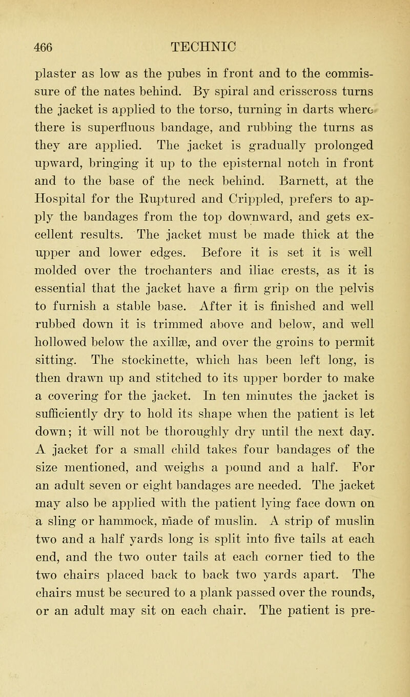 plaster as low as the pubes in front and to the commis- sure of the nates behind. By spiral and crisscross turns the jacket is applied to the torso, turning in darts where there is superfluous bandage, and rubbing the turns as they are applied. The jacket is gradually prolonged upward, bringing it up to the episternal notch in front and to the base of the neck behind. Barnett, at the Hospital for the Ruptured and Crippled, prefers to ap- ply the bandages from the top downward, and gets ex- cellent results. The jacket must be made thick at the upper and lower edges. Before it is set it is well molded over the trochanters and iliac crests, as it is essential that the jacket have a firm grip on the pelvis to furnish a stable base. After it is finished and well rubbed down it is trimmed above and below, and well hollowed below the axillse, and over the groins to permit sitting. The stockinette, which has been left long, is then drawn up and stitched to its upper border to make a covering for the jacket. In ten minutes the jacket is sufficiently dry to hold its shape when the patient is let down; it will not be thoroughly dry until the next day. A jacket for a small child takes four bandages of the size mentioned, and weighs a pound and a half. For an adult seven or eight bandages are needed. The jacket may also be applied with the patient lying face do'wn on a sling or hammock, niade of muslin. A strip of muslin two and a half yards long is split into five tails at each end, and the two outer tails at each corner tied to the two chairs placed back to back two yards apart. The chairs must be secured to a plank passed over the rounds, or an adult may sit on each chair. The patient is pre-