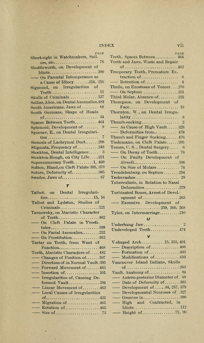 rAGB Short-sight in Watchmakers, Sail- ors, etc 76 Shuttle worth, on Development of Idiots 200 On Parental Intemperance as a Cause of Idiocy 214, 216 Sigmund, on Irregularities of Teeth H Skulls of Criminals 137 Sollier, Alice, on Dental Anomalies.483 South Americans, Jaws of 68 South Germans, Shape of Heads of 34 Spaces Between Teeth 464 Sphenoid, Development of 9 Spooner, E., on Dental Irregulari- ties 7 Stenosis of Lachrymal Duct 298 Stigmata, Frequency of 248 Stockton, Dental Intelligence 3 Stockton-Hough, on City Life 221 Supernumerary Teeth 1, 469 Sutton, Bland,on Cleft Palate 395, 379 Suture, Deformity of 385 Swedes, Jaws of 67 Talbot, on Dental Irregulari- ties 15, 16 Talbot and Lydston, Studies of Criminals 121 Tarnowsky, on Atavistic Character of Teeth 482 On Cleft. Palate in Prosti- tutes 399 On Facial Anomalies 232 On Prostitution 162 Tartar on Teeth, from Want of Function 468 Teeth, Atavistic Characters of 482 Changes of Position of 107 Direction of in Normal Vault. 393 Forward Movement of 465 Insertion of 101 Irregularities of. Causing De- formed Vault 394 Linear Movement of 463 Local Causes of Irregularities of 431 Migration of 461 Rotation of .465 Size of 73 Teeth, Spaces Between 464 Teeth and Jaws, Waste and Repair of 462 Temporary Teeth, Premature Ex- traction of 6 Retention of 4 Theile, on Exostoses of Vomer.... 270 On Septum 251 Third Molar, Absence of 235 Thompson, on Development of Face 18 Thornton, W., on Dental Irregu- larity 8 Thumb-sucking 2 As Cause of High Vault 328 Deformities from 478 Thumb and Finger Sucking 476 Tiedemann, on Cleft Palate 395 Tomes, C. S., Dental Surgery 6 On Decay of Teeth 78 On Faulty Development of Alveoli 106 On Size of Molars 74 Trendelenberg, on Septum 254 Tschuvashes 29 Tuberculosis, in Relation to Nasal Deformities 279 Turbinated Bones, Arrest of Devel- opment of ...263 Excessive Development of 259, 260, 268 Tylor, on Intermarriage 210 U Underhung Jaw 2 Undeveloped Teeth 474 V V-shaped Arch 15, 353, 401 Description of 408 Formation of .403 Modifications of 410 Vancouver Island Indians, Skulls of 263 Vault, Anatomy of 84 Antero-posterior Diameter of. 69 Date of Deformity of 383 Development of 84, 257, 379 Developmental Neuroses of. .327 Grooves in 390 High and Contracted, in Idiots 115 Height of 71, 90