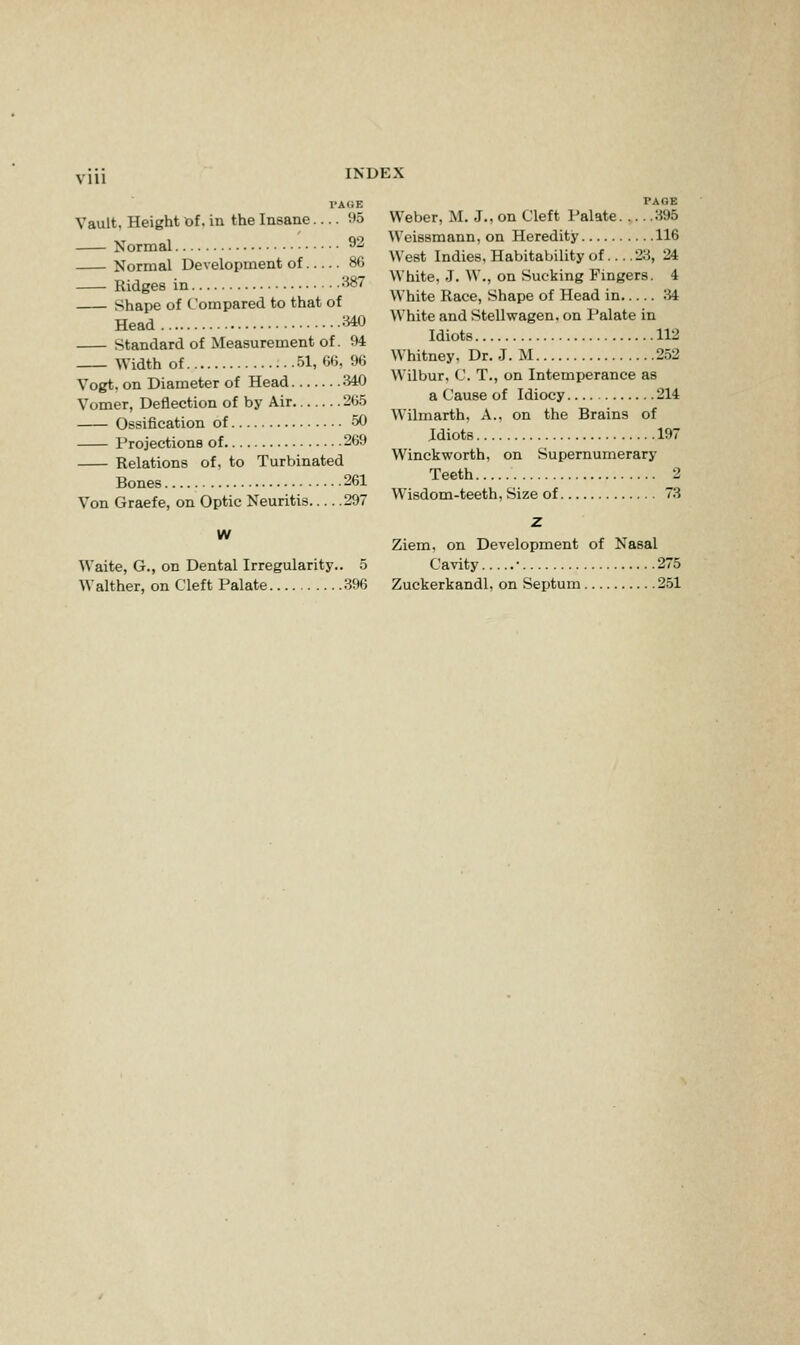PAGE PAGE Vault, Height of. in the Insane.... 95 Weber, M. J., on Cleft Palate H95 .^ . 92 Weissmann, on Heredity 116 IZ NormalDevelopmenVof;:::: 86 West Indies, Habitability of... .2^, 24 Rideesin 387 White, J. ^V., on bucking lingers. 4 _- Shape of Compared to that of White Race Shape of Head in ... ;M „ , 34Q White and Stellwagen. on I'alate in Standard of Measurement of. 94 Idiots^.. 112 Width of 51,66,96 ^Vhltney. Dr.J.M 2o2 Vogt. on Diameter of Head 340 Wilbur, C. T., on Intemperance as Vomer, Deflection of by Air 265 a Cause of Idiocy. ^214 Ossification of .50 Wilmarth, A., on the Brains of Projections of 269 Wiots 19. Relations of, to Turbinated Winckworth, on Supernumerary Bones 261 Teeth 2 Von Graefe, on Optic Neuritis 297 Wisdom-teeth, Size of /3 Z w Ziem, on Development of Nasal Waite, G., on Dental Irregularity.. 5 Cavity • 275 Walther, on Cleft Palate .396 Zuckerkandl, on Septum 251