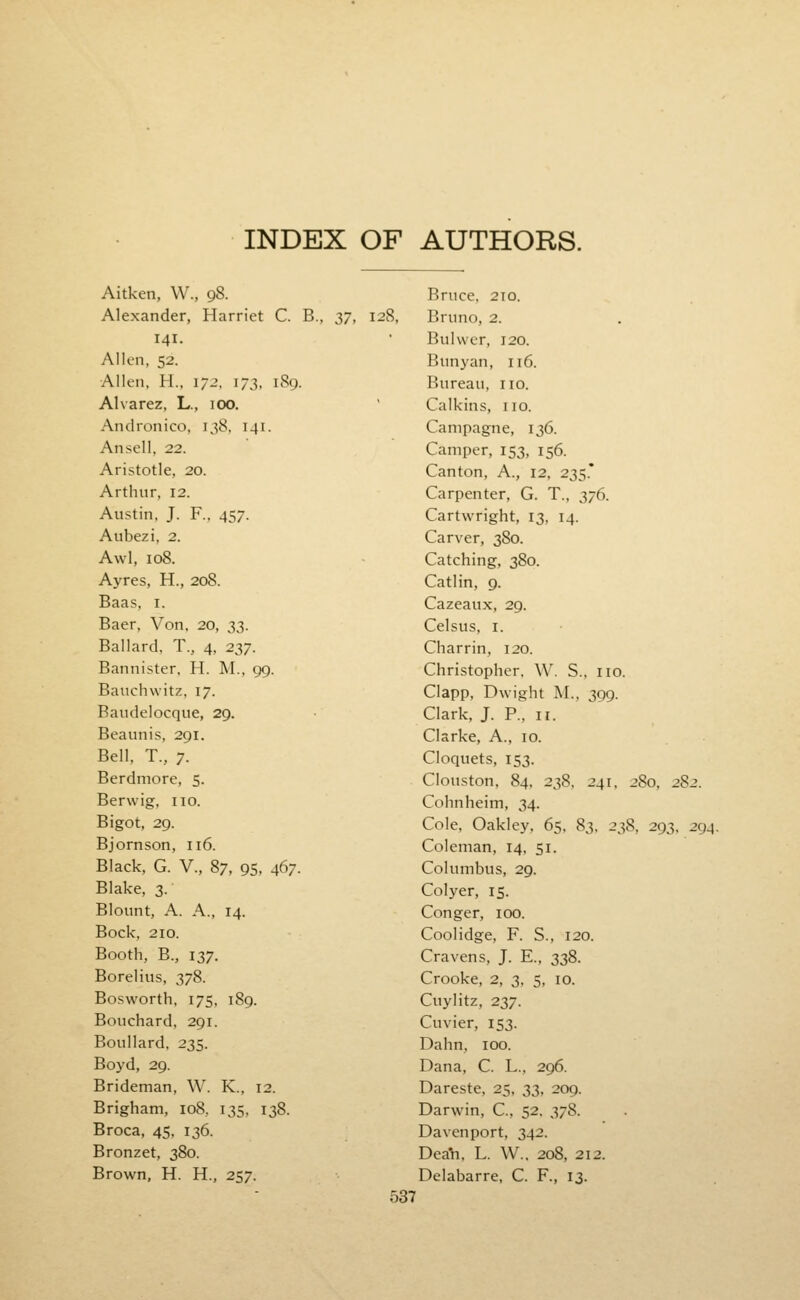 Aitken, VV., 98. Alexander, Harriet C. B., ^iT, 128, 141. Allen, 52. Allen, H., 172, 173, 189. Alvarez, L., 100. Andronico, 138, 141. Ansell, 22. Aristotle, 20. Arthur, 12. Austin. J. F.. 457. Aubezi, 2. Awl, 108. Ayres, H., 208. Baas, I. Baer, Von, 20, 2>Z- Ballard, T., 4, 237. Bannister. H. M., 99. Bauchwitz, 17. Baudelocque, 29. Beaunis, 291. Bell, T., 7. Berdmore, 5. Berwig, no. Bigot, 29. Bjornson, 116. Black, G. v., 87, 95, 467. Blake, 3. Blount, A. A., 14. Bock, 210. Booth, B., 137. Borelius, 378. Bosworth, 175, 189. Bouchard, 291. Boullard, 235. Boyd, 29. Brideman, W. K., 12. Brigham, 108, 135, 138. Broca, 45, 136. Bronzet, 380. Brown, H. H., 257. Bruce. 210. Bruno, 2. Bulwcr, 120. Bunyan, 116. Bureau, no. Calkins, no. Campagne, 136. Camper, 153, 156. Canton, A., 12, 235.* Carpenter, G. T., 376. Cartwright, 13, 14. Carver, 380. Catching, 380. Catlin, 9. Cazeaux, 29. Celsus, I. Charrin, 120. Christopher, W. S., no. Clapp, Dwight M., 399. Clark, J. P., n. Clarke, A., 10. Cloquets, 153. Clouston, 84. 238, 241. j8o. 282. Cohnheim, 34. Cole. Oakley, 65, 83, i}^, 293. 294. Coleman, 14, 51. Columbus, 29. Colyer, 15. Conger, 100. Coolidge, F. S., 120. Cravens, J. E., 338. Crooke, 2, 3, 5, 10. Cuylitz, 237. Cuvier, 153. Dahn, 100. Dana, C. L.. 296. Dareste, 25, 33, 209. Darwin, C, 52. 378. Davenport, 342. Deah. L. W.. 208, 212. Delabarre, C. F., 13.