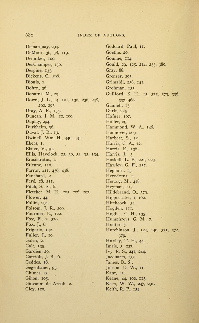 Demarquay, 294. DeMoor, 2^, 38, 119. Denniker, 100. DesChampes, 130. Despine, 135. Dickens, C, 296. Dionis, 2. Dohrn, 36. Donatus, M., 29. Down, J. L., 14, loi, 130, 236, 238, 292, 295. Dray, A. R., 154. Duncan, J. M., 22, 100. Duplay, 294. Durkheim, 96. Duval, J. R., 13. Dwinell, Wm. H., 440, 441. Ebers, I. Ebner, V., 91. Ellis, Havelock, 23, 30, 32, 93, 134. Erasistratus, i. Etienne, no. Farrar, 411, 436, 438. Fauchard, 2. Fere, 28, 211. Fitch, S. S., 6. Fletcher, M. H., 205, 206, 207. Flower, 44. Follin, 294. Folsom, J. R., 209. Fournier, E., 122. Fox, F., 2, 379. Fox, J., 6. Frigerio, 142. Fuller, J., 10. Galen, 2. Gait, 135. Gardien, 29. Garriolt, J. B., 6. Geddes, 18. Gegenbauer, 95. Ghimes, 9. Gihon, 105. Giovanni de Arcoli, 2. Gley, 120. Goddard, Paul, 11. Goethe, 20. Gomme, 114. Gould, 29, 125, 214, 235, 380. Gray, 88. Grenser, 295. Grimaldi, 138, 141. Grohman, 135. Guilford. S. H., 15, 2>77, 379, 396, 397, 469- Gunnell, 13. Gurlt, 235. Hafner, 107. Haller, 29. Hammond, W. A., 146. Hannover, 209. Harbert, S., 12. Harris, C. A., 12. Harris, E., 136. Harris, J., 3. Haskell, L. P., 221, 223. Hawley, G. F., 257. Hepburn, 15. Herodotus, i. Herzog, M., 418. Heyman, 113. Hildebrand, O., 379. Hippocrates, i, 102. Hitchcock, 54. Hogden, in. Hughes, C. H., 135. Humphreys, G. M., 7. Hunter, 7. Hutchinson, J., 124. 140, 371, 27^. 379. Huxley, T. H., 44. Imrie, 3, 237. Ivy, R. S., 241, 244. Jacquarts, 153. James, B., 6 . Jobson, D. W., II. Kant, 41. Keane, 44, 102, 113. Keen, W. W., 247, 291. Keith, R. P., 154.