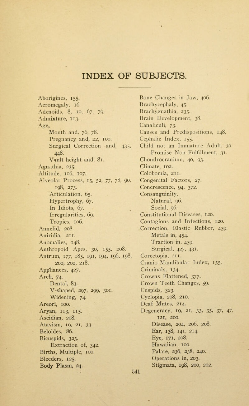 INDEX OF SUBJECTS. Aborigines, 155. Acromegaly, 16. Adenoids, 8, 10, 67, 79. Admixture, 113. Age, Mouth and. 76, 78. Pregnancy and, 22, 100. Surgical Correction and, 435, 448. Vault height and, 81. Agn..thia, 235. Altitude, 106, 107. Alveolar Process, 15, 52, ^T, ^%, 90, 198, 273. Articulation, 65. Hypertrophy, 67. In Idiots, 67. Irregularities, 69. Tropics, 106. Annelid, 208. Aniridia, 211. Anomalies, 148. Anthropoid A.pes, 30, 155, 208. Antrum, 177, 185. 191, 194, 196, 198, 200, 202, 218. Appliances, 427. Arch, 74. Dental, 83. V-shaped, 297, 299, 301. Widening, 74. Areori, 100. Aryan, 113, 115. Ascidian, 208. Atavism, 19, 21, -^Z- Beloides, 86. Bicuspids, 323. Extraction of, 342. Births, Multiple, 100. Bleeders, 125. Body Plasm, 24. Bone Changes in Jaw, 406. Brachycephaly, 45. Brachygnathia, 235. Brain Development, 38. Canaliculi, 73. Causes and Predispositions, 148. Cephalic Index, 155. Child not an Immature Adult, 30. Promise Non-Fulfillment, 31. Chondrocranium, 40, 93. Climate, 102. Colobomia, 211. Congenital Factors, 27. Concrescence, 94, 372. Consanguinity, Natural, 96. Social, 96. Constitutional Diseases, 120. Contagions and Infections, 120. Correction, Elastic Rubber, 439. Metals in, 454. Traction in. 439. Surgical. 427, 431. Corectopia, 211. Cranio-Mandibular Index, 155. Criminals, 134. Crowns Flattened, zil- Crown Teeth Changes, 59. Cuspids, 323. Cyclopia, 208, 210. Deaf Mutes, 214. Degeneracy, 19, 21, ZZ, 35, 37. 47, 121, 200. Disease, 204, 206. 208. Ear, 138, 141, 214. Eye, 171, 208. Hawaiian, 100. Palate, 236, 238, 240. Operations in, 203. Stigmata, 198, 200, 202.