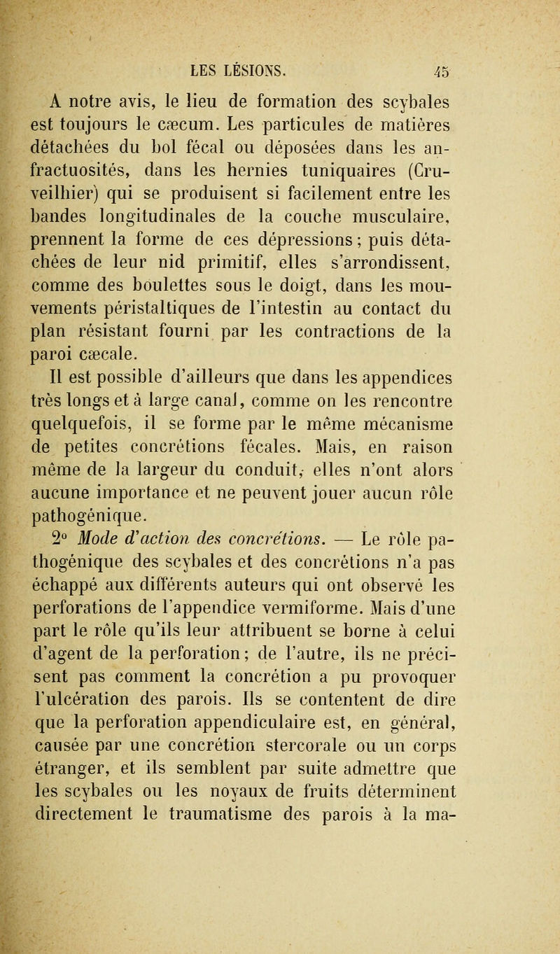 A notre avis, le lieu de formation des scybales est toujours le caecum. Les particules de matières détachées du bol fécal ou déposées dans les an- fractuosités, dans les hernies tuniquaires (Cru- veilhier) qui se produisent si facilement entre les bandes longitudinales de la couche musculaire, prennent la forme de ces dépressions ; puis déta- chées de leur nid primitif, elles s'arrondissent, comme des boulettes sous le doigt, dans les mou- vements péristaltiques de l'intestin au contact du plan résistant fourni par les contractions de la paroi caecale. Il est possible d'ailleurs que dans les appendices très longs et à large canal, comme on les rencontre quelquefois, il se forme par le même mécanisme de petites concrétions fécales. Mais, en raison même de la largeur du conduit, elles n'ont alors aucune importance et ne peuvent jouer aucun rôle pathogénique. 2° Mode d'action des concrétions. — Le rôle pa- thogénique des scybales et des concrétions n'a pas échappé aux différents auteurs qui ont observé les perforations de l'appendice vermiforme. Mais d'une part le rôle qu'ils leur attribuent se borne à celui d'agent de la perforation; de l'autre, ils ne préci- sent pas comment la concrétion a pu provoquer l'ulcération des parois. Ils se contentent de dire que la perforation appendiculaire est, en général, causée par une concrétion stercorale ou un corps étranger, et ils semblent par suite admettre que les scybales ou les noyaux de fruits déterminent directement le traumatisme des parois à la ma-