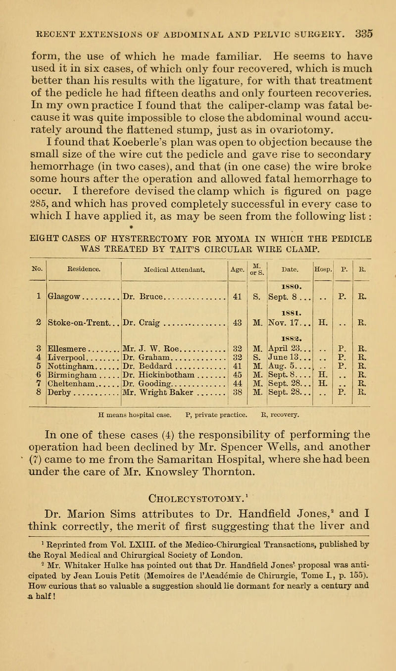 form, the use of which he made familiar. He seems to have used it in six cases, of which only four recovered, which is much better than his results with the ligature, for with that treatment of the pedicle he had fifteen deaths and only fourteen recoveries. In my own practice I found that the caliper-clamp was fatal be- cause it was quite impossible to close the abdominal wound accu- rately around the flattened stump, just as in ovariotomy. I found that Koeberle's plan was open to objection because the small size of the wire cut the pedicle and gave rise to secondary hemorrhage (in two cases), and that (in one case) the wire broke some hours after the operation and allowed fatal hemorrhage to occur. I therefore devised the clamp which is figured on page 285, and which has proved completely successful in every case to which I have applied it, as may be seen from the following list: • EIGHT CASES OF HYSTERECTOMY FOR MYOMA IN WHICH THE PEDICLE WAS TREATED BY TAIT'S CIRCULAR WIRE CLAMP. Besidence. Glasgow. 2 Stoke-on-Trent.. Ellesmere... Liverpool... Nottingham. Birmingham Cheltenham., Derby Medical Attendant. Dr. Bruce. Dr. Craig . Age. 43 Mr. J. W. Roe i 32 Dr. Graham 32 Dr. Beddard j 41 Dr. Hickinbotham 45 Dr. Gooding ! 44 Mr. Wright Baker I 38 M. orS. Date. Hosp. P. 1S80. S. Sept. 8 ... 1S81. P. M. Nov. 17... H. M. April 23... P. S. June 13... P. M. Aug. 5 P. M. Sept. 8 H. M. Sept. 28... H. M. Sept. 28... •• P. K. R. R. R. R. R. R. R. R. H means hospital case. P, private practice. E, recovery. In one of these cases (4) the responsibility of performing the operation had been declined by Mr. Spencer Wells, and another (7) came to me from the Samaritan Hospital, where she had been under the care of Mr. Knowsley Thornton. Cholecystotomy. ' Dr. Marion Sims attributes to Dr. Handfield Jones,' and I think correctly, the merit of first suggesting that the liver and ' Reprinted from Vol. LXIII. of the Medico-Chirurgical Transactions, published by the Royal Medical and Chirurgical Society of London. ^ Mr. Whitaker Hulke has pointed out that Dr. Handfield Jones' proposal was anti- cipated by Jean Louis Petit (Memoires de I'Academie de Chirurgie, Tome I., p. 155). How curious that so valuable a suggestion should lie dormant for nearly a century and a half!