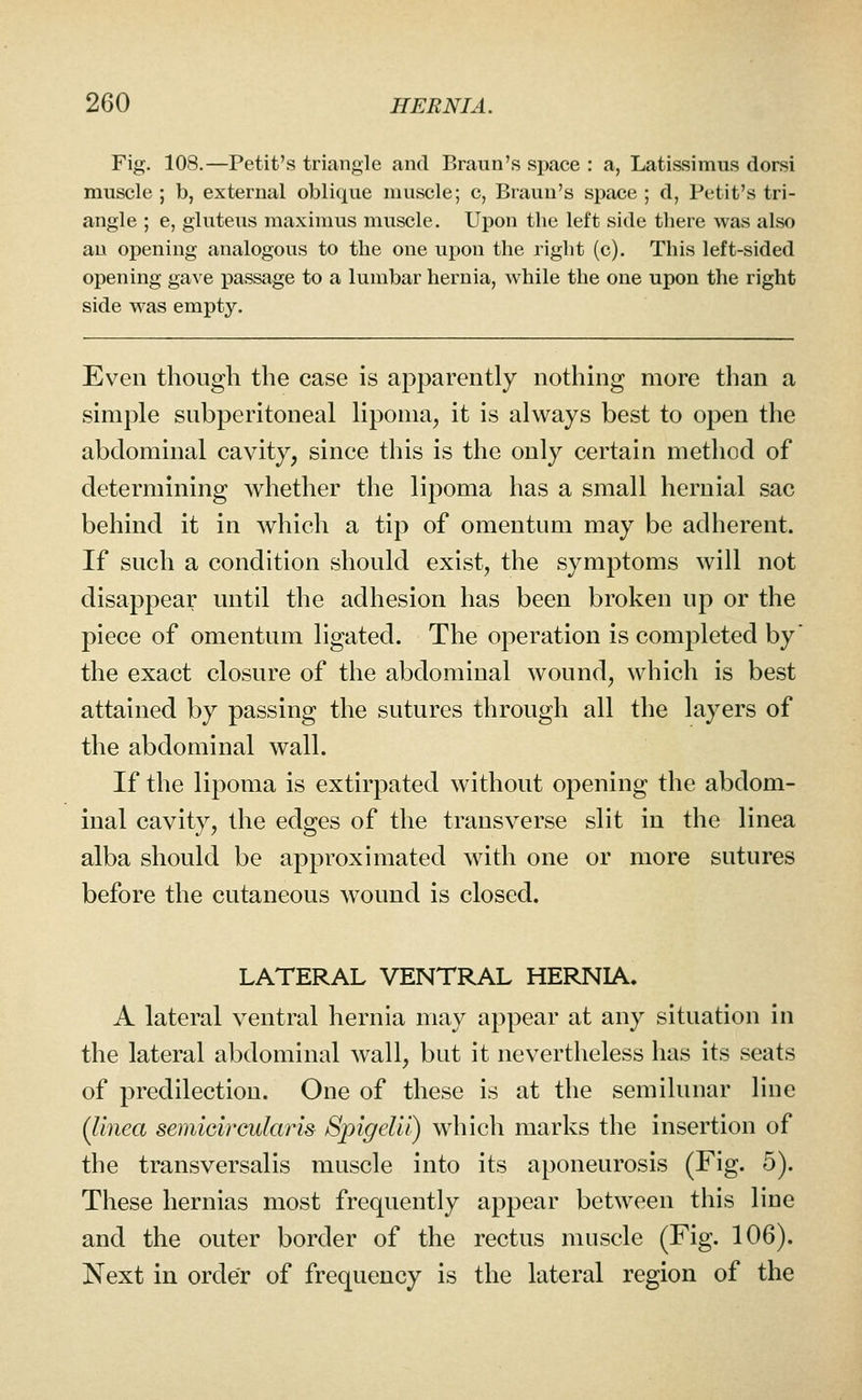 Fig. 108.—Petit's triangle and Braun's space : a, Latissimus dorsi muscle ; b, external oblique muscle; c, Braun's space ; d, Petit's tri- angle ; e, gluteus maximus muscle. Upon the left side there was also an opening analogous to the one upon the right (c). This left-sided opening gave passage to a lumbar hernia, while the one upon the right side was empty. Even though the case is apparently nothing more than a simple subperitoneal lipoma, it is always best to open the abdominal cavity, since this is the only certain method of determining whether the lipoma has a small hernial sac behind it in which a tip of omentum may be adherent. If such a condition should exist, the symptoms will not disappear until the adhesion has been broken up or the piece of omentum ligated. The operation is completed by' the exact closure of the abdominal wound, which is best attained by passing the sutures through all the layers of the abdominal wall. If the lipoma is extirpated without opening the abdom- inal cavity, the edges of the transverse slit in the linea alba should be approximated with one or more sutures before the cutaneous wound is closed. LATERAL VENTRAL HERNIA. A lateral ventral hernia may appear at any situation in the lateral abdominal wall, but it nevertheless has its seats of predilection. One of these is at the semilunar line (I'lnea semicircularh Spigelu) which marks the insertion of the transversalis muscle into its aponeurosis (Fig. 5). These hernias most frequently appear between this line and the outer border of the rectus muscle (Fig. 106). Next in order of frequency is the lateral region of the