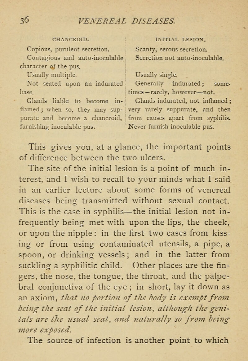 CHANCROID. ! INITIAL LESION. Copious, purulent secretion. Scant)-, serous secretion. Contagious and auto-inoculable Secretion not auto-inoculable. character of the pus. Usually multiple. Usually smgle. Not seated upon an indurated Generally indurated; some- base, times —rarely, however—not. Glands liable to become in- Glands indurated, not inflamed; flamed; when so, they may sup- very rarely suppurate, and then purate and become a chancroid, from causes apart from syphilis, furnishing inocuJable pus. Never furnish inoculable pus. This gives you, at a glance, the important points of ditYerence between the two ulcers. The site of the initial lesion is a point of much in- terest, and I wish to recall to your minds what I said in an earlier lecture about some forms of venereal diseases being transmitted without sexual contact. This is the case in syphilis—the initial lesion not in- frequently being met with upon the lips, the cheek, or upon the nipple : in the first two cases from kiss- ing or from using contaminated utensils, a pipe, a spoon, or drinking vessels; and in the latter from suckling a syphilitic child. Other places are the fin- gers, the nose, the tongue, the throat, and the palpe- bral conjunctiva of the eye ; in short, lay it down as an axiom, tJiat no portion of the body is exempt from being the seat of the initial lesio?i, although the geni- tals are tlie usual seat, and naturally so from being more exposed. The source of infection is another point to which