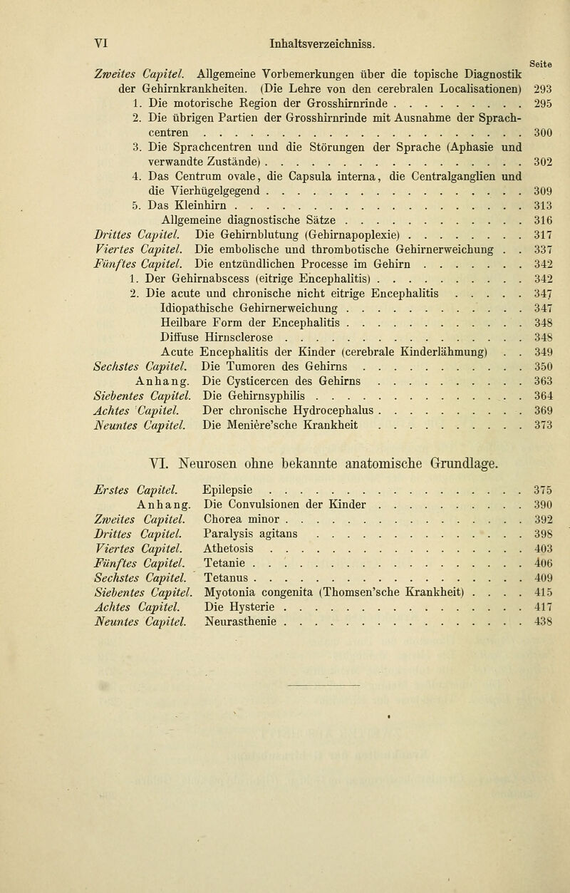 Seite Zweites Capitel. Allgemeine Vorbemerkungen über die topische Diagnostik der Gehirnkrankheiten. (Die Lehre von den cerebralen Localisationen) 293 1. Die motorische Region der Grosshirnrinde 295 2. Die übrigen Partien der Grosshirnrinde mit Ausnahme der Sprach- centren 300 3. Die Sprachcentren und die Störungen der Sprache (Aphasie und verwandte Zustände) 302 4. Das Centrum ovale, die Capsula interna, die Centralganglien und die Vierhügelgegend 309 5. Das Kleinhirn 313 Allgemeine diagnostische Sätze 316 Drittes Cafitel. Die Gehirnblutung (Gehirnapoplexie) 317 Viertes Capitel. Die embolische und thrombotische Gehirnerv^eichung . . 337 Fünftes Capitel. Die entzündlichen Processe im Gehirn 342 1. Der Gehirnabscess (eitrige Encephalitis) 342 2. Die acute und chronische nicht eitrige Encephalitis 347 Idiopathische Gehirnerweichung 347 Heilbare Form der Encephalitis 348 Diffuse Hirnsclerose 348 Acute Encephalitis der Kinder (cerebrale Kinderlähmung) . . 349 Sechstes Capitel. Die Tumoren des Gehirns 350 Anhang. Die Cysticercen des Gehirns 363 Siebentes Capitel. Die Gehirnsyphilis . 364 Achtes Capitel. Der chronische Hydrocephalus 369 Neuntes Capitel. Die Meniere'sche Krankheit 373 VI. Neurosen ohne bekannte anatomisclie Grundlage. Erstes Capitel. Epilepsie 375 Anhang. Die Convulsionen der Kinder 390 Zweites Capitel. Chorea minor 392 Drittes Capitel. Paralysis agitans 398 Viertes Capitel. Athetosis 403 Fünftes Capitel. Tetanie . . 406 Sechstes Capitel. Tetanus 409 Siebentes Capitel. Myotonia congenita (Thomsen'sche Krankheit) .... 415 Achtes Capitel. Die Hysterie 417 Neuntes Capitel. Neurasthenie 438