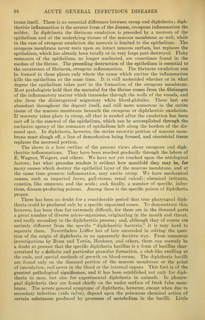 brane itself. There is no essential difference between croup and diphtheria; diph- theritic inflammation is the severer form of the disease, croupous inflammation the milder. In diphtheria the fibrinous exudation is preceded by a necrosis of the epithelium and of the underlying tissues of the mucous membrane as ^vell, while in the case of croupous exudation the necrosis is limited to the epithelium. The croupous membrane never rests upon an intact mucous surface, but replaces the epithelium, which has already been totally or in very large part destroyed. Flaky remnants of the epithelium, no longer nucleated, are sometimes found in the meshes of the fibrine. The preceding destruction of the epithelium is essential to the occurrence of fibrinous, croupous inflammation. The fibrinous exudation can be formed in those places only where the cause which excites the inflammation kills the epithelium at the same time. It is still undecided whether or in what degree the epithelium takes part in the formation of the croupous membrane. Most pathologists hold that the material for the fibrine comes from the fibrinogen of the infiammatory matter which transudes through the walls of the vessels, and also from the disintegrated migratory white blood-globules. These last are abundant throughout the deposit itseK, and still more numerous in the entire tissue of the mucous membrane beneath the croupous or diphtheritic exudation. If recovery takes place in croup, all that is needed after the exudation has been cast off is the renewal of the epithelium, which can be accomplished through the exclusive agency of the remnants of epithelium left along the borders of the dis- eased spot. In diphtheria, however, the entire necrotic portion of mucous mem- brane must slough off, a line of demarkation being formed, and cicatricial tissue replaces the necrosed portion. The above is a bare outline of the present views about croupous and diph- theritic inflammations. They have been reached gradually through the labors of E, Wagner, Weigert, and others. We have not yet touched upon the setiological factors; but what precedes renders it evident how manifold they may be, for many causes which destroy the epithelial layer of the mucous membrane, and at the same time promote inflammation, may excite croup. We have mechanical causes, such as impacted feeces, gall-stones, renal calculi; chemical irritants, caustics, like ammonia and the acids; and, fijially, a number of specific, infec- tious, disease-producing poisons. Among these is the specific poison of diphtheria proper. There has been no doubt for a considerable period that true pharjTigeal diph- theria could be produced only by a specific organized cause. To demonstrate this, however, has been thus far extremely difficult, for there are in the diseased parts a great number of diverse micro-organisms, originating in the mouth and throat, and really secondary to the diphtheritic process; and, although they of course are entirely different from the specific  diphtheritic bacteria, it is very hard to separate them. Nevertheless Loffler has of late succeeded in solving the ques- tion of the origin of diphtheria in an apparently decisive way. From numerous investigations by Roux and Yersin, Heubner, and others, there can scarcely be a doubt at present that the specific diphtheria bacillus is a form of bacillus char- acterized by a definite and particular granular formation, a club-like swelling at the ends, and special methods of growth on blood-serum. The diphtheria bacilli are found only on the diseased portion of the mucous membrane or the point of inoculation, and never in the blood or the internal organs. This fact is of the greatest pathological significance, and it has been established not only for diph- theria in man, but also for experimental diphtheria in animals. In pharyn- geal diphtheria they are found chiefly on the under surface of fresh false mem- brane. The severe general symptoms of diphtheria, however, except when due to secondary infection (vide infra), depend upon the poisonous chemical action of certain substances produced by processes of metabolism in the bacilli. Little