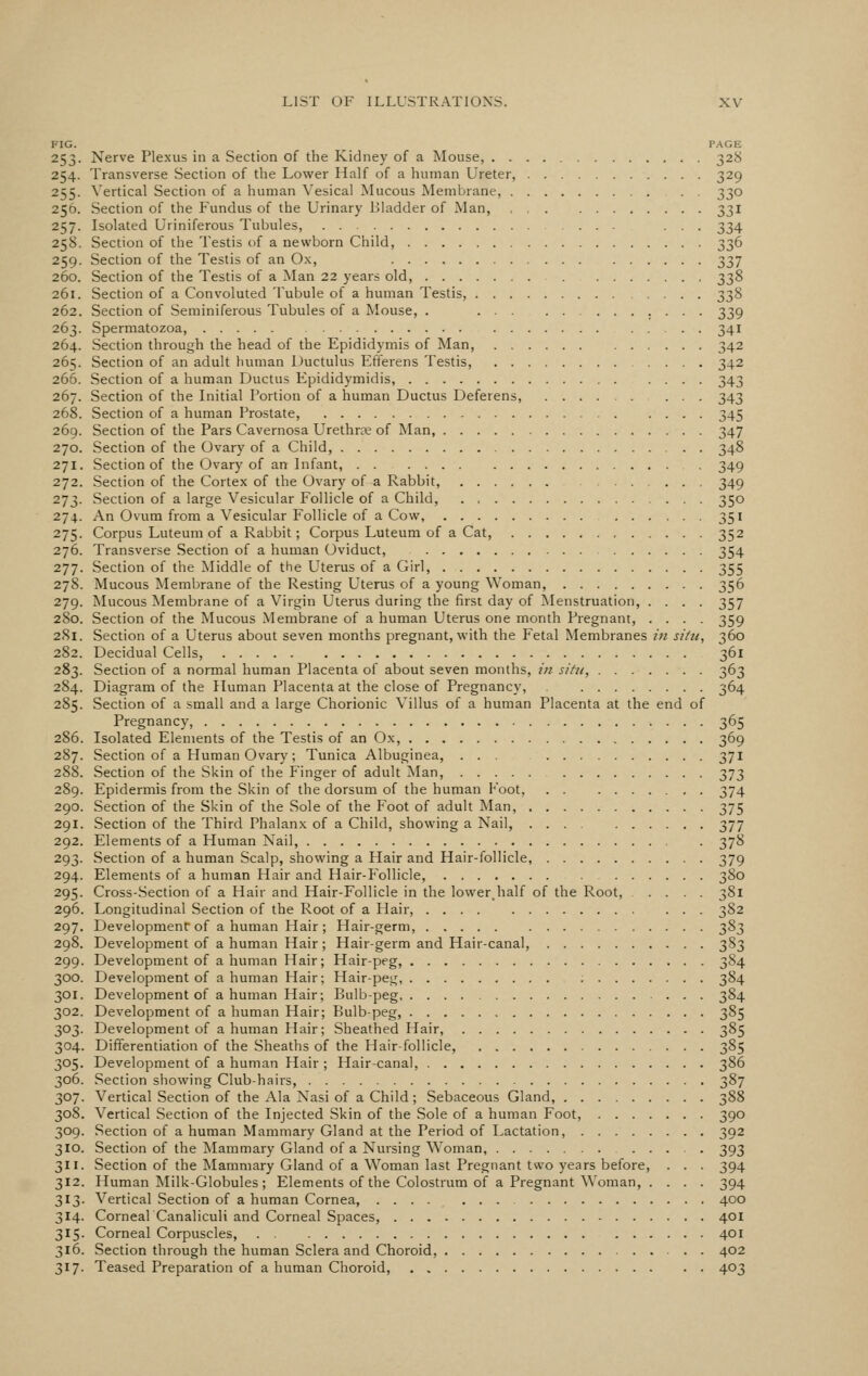 FIG. PAGE 253. Nerve Ple.xus in a Section of the Kidney of a Mouse, 328 254. Transverse Section of the Lower Half of a liuman Ureter, 329 255. Vertical Section of a human Vesical Mucous Membrane, . . 330 256. Section of the Fundus of the Urinary Bladder of Man, 33I 257. Isolated Uriniferous Tubules, ... ... 334 258. Section of the Testis of a newborn Child, 336 259. Section of the Testis of an Ox, 337 260. Section of the Testis of a Man 22 years old, 338 261. Section of a Convoluted Tubule of a human Testis, 338 262. Section of Seminiferous Tubules of a Mouse, . 339 263. Spermatozoa, 341 264. Section through the head of the Epididymis of Man, 342 265. Section of an adult human Ductulus Efferens Testis, 342 266. Section of a human Ductus Epididymidis 343 267. Section of the Initial Portion of a human Ductus Deferens, 343 268. Section of a human Prostate, 345 269. Section of the Pars Cavernosa Urethra; of Man, 347 270. Section of the Ovary of a Child, 348 271. Section of the Ovary of an Infant, , 349 272. Section of the Cortex of the Ovary of a Rabbit, 349 273. Section of a large Vesicular Follicle of a Child, 350 274. An Ovum from a Vesicular Follicle of a Cow, 351 275. Corpus Luteum of a Rabbit; Corpus Luteura of a Cat, 352 276. Transverse Section of a human Oviduct, 354 277. Section of the Middle of the Uterus of a Girl, 355 278. Mucous Membrane of the Resting Uterus of a young Woman, 356 279. Mucous Membrane of a Virgin Uterus during the first day of Menstruation, .... 357 280. Section of the Mucous Membrane of a human Uterus one month Pregnant, .... 359 251. Section of a Uterus about seven months pregnant, with the Fetal Membranes in situ, 360 252. Decidual Cells, 361 283. Section of a normal human Placenta of about seven months, in situ, 363 284. Diagram of the Human Placenta at the close of Pregnancy, 364 285. Section of a small and a large Chorionic Villus of a human Placenta at the end of Pregnancy, 365 286. Isolated Elements of the Testis of an Ox, 369 287. Section of a Human Ovary; Tunica Albuginea, ... 371 288. Section of the Skin of the Finger of adult Man, 373 289. Epidermis from the Skin of the dorsum of the human Foot, 374 290. Section of the Skin of the Sole of the Foot of adult Man, 375 291. Section of the Third Phalanx of a Child, showing a Nail, 377 292. Elements of a Human Nail, 378 293. Section of a human Scalp, showing a Hair and Hair-follicle, 379 294. Elements of a human Hair and Hair-Follicle, 380 295. Cross-Section of a Hair and Hair-Follicle in the lowerhalf of the Root, .... 381 296. Longitudinal Section of the Root of a Hair, 382 297. Development: of a human Hair; Hair-germ, 383 298. Development of a human Hair; Hair-germ and Hair-canal, 383 299. Development of a human Hair; Hair-peg, 384 300. Development of a human Hair; Hair-peg, 384 301. Development of a human Hair; Bulb-peg 384 302. Development of a human Hair; Fiulb-peg, 385 303. Development of a human Hair; Sheathed Hair, 385 304. Differentiation of the Sheaths of the Hair-follicle, 385 305. Development of a human Hair ; Hair-canal, 386 306. Section sliowing Club-hairs, 387 307. Vertical Section of the Ala Nasi of a Child; Sebaceous Gland, 388 308. Vertical Section of the Injected Skin of the Sole of a human Foot, 390 309. Section of a human Mammary Gland at the Period of Lactation, 392 310. Section of the Mammary Gland of a Nursing Woman, ..... 393 311. Section of the Mammary Gland of a Woman last Pregnant two years before, . . . 394 312. Human Milk-Globules; Elements of the Colostrum of a Pregnant Woman, . . . . 394 313. Vertical Section of a human Cornea, 400 314. CornealCanaliculi and Corneal Spaces, 401 315. Corneal Corpuscles, 401 316. Section through the human Sclera and Choroid, 402 317- Teased Preparation of a human Choroid, 403