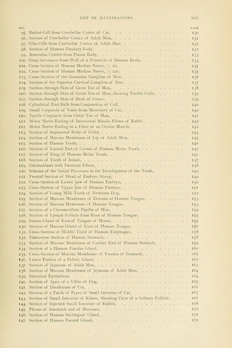 10. PAGE 95- Basket-Cell from Cerebellar Cortex of Cat, . 150 96. Section of Cerebellar Cortex of Adult Man ... 131 97. GliaCells from Cerebellar Cortex of .\tluli Man 132 98. Section of Human Pituitary liody, 132 99. Acervulu.s Cerebri from I'ineal Body, • .■ • '33 00. Gray-Sul'Stance from \V;iIi of a Ventricle of Human Br.\in 133 01. Cross-Section of Human Median Nerve, X 20, 135 02. Cross-Section of Human Median Nerve, X 220, 135 33. Cross Section of the Gasserian Ganglion of Man 136 04. Section of the Superior Cervical Ganglion of .Man 137 05. Section through Skin of Great Toe of Man, 138 06. Section through Skin of Great Toe of Man, showing Tactile-Cells, . . 139 07. Section through Skin of Beak of (ioose, 139 08. Cylindrical Knd-Bulb from Conjunctiva of Calf, ... , . . , 140 09. Small Corpuscle of Vater from Mesentery of Cat, 140 10. Tactile Corpuscle from Great Toe of Man 141 11. Motor Nerve-Ending of Intercostal Muscle-Fibers of Rabbi- 142 12. Motor Nerve-Ending in a Fiber of an Ocular Muscle, 142 13. Section of Suprarenal Body of Child, 143 14. Section of Mucous .Membrane of I.ip of .Adult Man, . . 145 15. Section of Human Tooth 146 16. Section of Lateral Part of Crown of Human Molar Tooth ... 147 17. Section of Fang of Human Molar Tooth 147 18. Section of Tooth of Infant, t|7 19. Odontoblasts with Dentinal Fibers, 14S 20. Scheme of the Initial Processes in the Development of the Teeth, 149 21. Frontal Section of Head of Embryo Sheep, .149 22. Cross-Section of Lower Jaw of Human Embryo, 150 23. Cross-Section of Upper Jaw of Human Embryo, 151 24. Section of Voung Milk-Toolh of Newborn Dog 152 25. Section of Mucous Membrane of Dorsum of Human Tongue, . . 153 26. Section of Mucous Membrane of Human Tongue, ... 153 27. Section of a Circumvallate Papilla of Man, 154 28. Section of Lymph-Follicle from Root of Human Tongue. 155 29. Serous Gland of Root of Tongue of Mouse 155 30. Section of Mucous Gland of Root of Human Tongue, 156 31. Cross-Section of Middle Third of Human Esophagus, 15S 32. Transverse Section of Human Stomach I5<S ^T^. Section of Mucous Membrane of Cardiac End of Human Stomach, .... 159 34. Section of a Human Fundus (iland, ... ibo 35. Cross-.Section of Mucous Membrane of Fundus of Stomach, 161 36. Ixjwer Portion of a Pyloric Gland 162 37. Section of Jejunum of Adult Man 163 38. Section of Mucous Membrane of Jejunum of .\duli Man 164 39. Intestinal Epithelium ... 164 40. Section of Ape.x of a \'illus of Dog, . 165 41. Section of Duodenum of Cat 166 42. Section of a Patch of IVyer of Small Intestine of Cat, 167 43. Section of Small Intestine of Kitten, Showing Crest of a Solitary Follicle 167 44. Section of Injected Small Intestine of Rabbit, . . 16S 45. Plexus of Auerbach and of Meissner, 170 46. Section of Human Sulilingual (iland 171 47. Section of Human Parotid Gland, .172