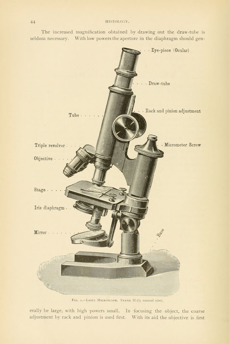 The increased magnification obtained by drawing out the draw-tube is seldom necessary. With low powers the aperture in the diaphragm should gen- Eye-piece (Ocular) Draw-tube Triple revolver Objective ■ Eack and pinion adjustment Micrometer Screw Iri3 diaphragm Mirror erally be large, with high powers small. In focusing the object, the coarse adjustment by rack and pinion is used first. With its aid the objective is first