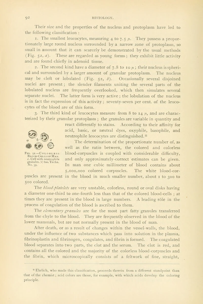 Their size and the properties of the nucleus and protoplasm have led to the following classification : 1. The smallest leucocytes, measuring 4 to 7.5 /i. They possess a propor- tionately large round nucleus surrounded by a narrow zone of protoplasm, so small in amount that it can scarcely be demonstrated by the usual methods (Fig. 52, a). These are regarded as young forms; they exhibit little activity and are found chiefly in adenoid tissue. 2. The second kind have a diameter of 7.8 to 10 p.; their nucleus is spheri- cal and surrounded by a larger amount of granular protoplasm. The nucleus may be cleft or lobulated (Fig. 52, i). Occasionally several disjoined nuclei are present; the slender filaments uniting the several parts of the lobulated nucleus are frequently overlooked, which then simulates several separate nuclei. The latter form is very active ; the lobulation of the nucleus is in fact the expression of this activity; seventy-seven per cent, of the leuco- cytes of the blood are of this form. 3. The third kind of leucocytes measure from 8 to 14 p., and are charac- terized by their granular protoplasm ; the granules are variable in quantity and react differently to stains. According to their affinity for @acid, basic, or neutral dyes, oxyphile, basophile, and (*^ neutrophile leucocytes are distinguished.* ^ ' -C^^*^ ''^'^ determination of the proportionate number of, as '©' ^5^ ^2^ well as the ratio between, the colored and colorless Fig. 52.—Colorless blood-corpuscles is coupled with considerable difficultv, Blood-CellsofMan. y t- ]■: c. Cell with neutrophile and oulv approximately-correct estimates can be siven. granules. X 600. Tcchn. ,. No. 39. In man one cubic millimeter of blood contains about 5,000,000 colored corpuscles. The white blood-cor- puscles are present in the blood in much smaller number, about i to 300 to 500 colored. The blood-platelets are very unstable, colorless, round or oval disks having a diameter one-third to one-fourth less than that of the colored blood-cells ; at times they are present in the blood in large numbers. A leading role in the process of coagulation of the blood is ascribed to them. The elementary granules are for the most part fatty granules transferred from the chyle to the blood. They are frequently observed in the blood of the lower mammals, but are not normally present in the blood of man. After death, or as a result of changes within the vessel-walls, the blood, under the influence of two substances which pass into solution in the plasma, fibrinoplastin and fibrinogen, coagulates, and fibrin is formed. The coagulated blood separates into two parts, the clot and the serum. The clot is red, and contains all the colored and the majority of the colorless blood-corpuscles and the fibrin, which microscopically consists of a feltwork of fine, straight, *Ehrlich, who made this classification, proceeds therein from a different standpoint than that of the chemist; acid colors are those, for example, with which acids develop the coloring principle.