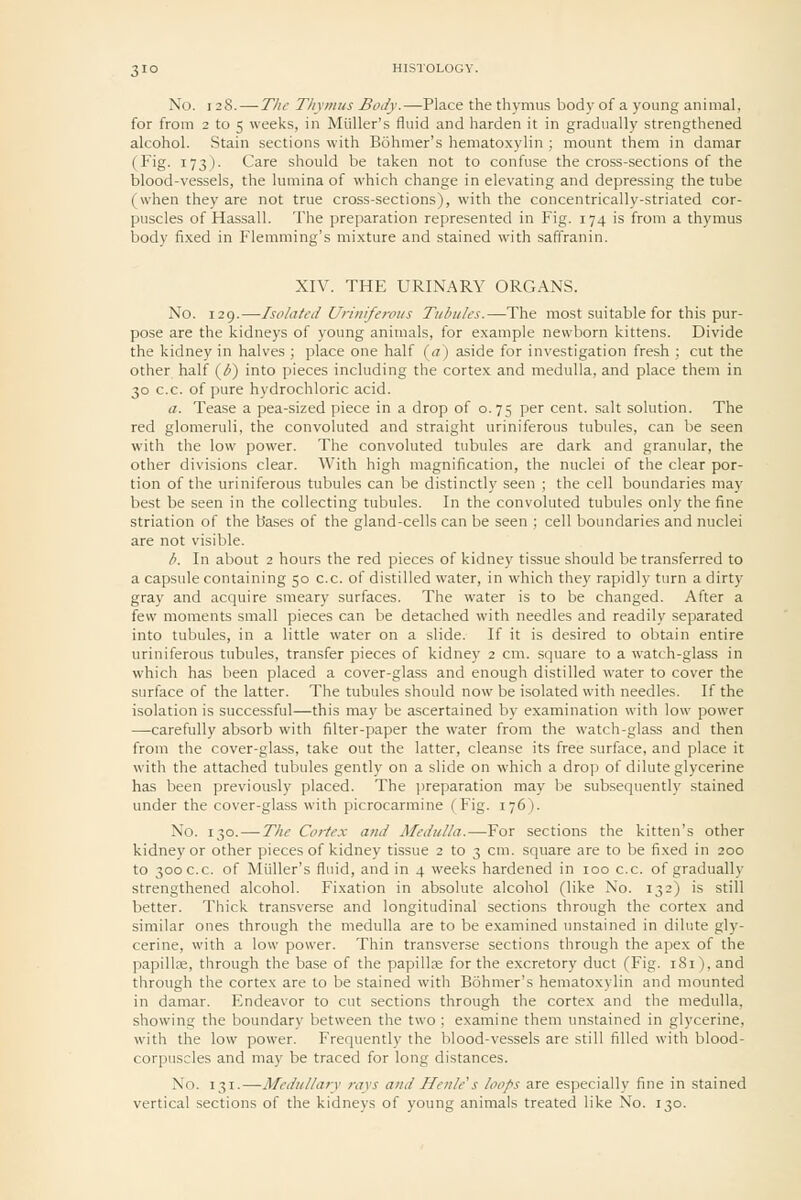 No. 128. — The Thymus Body.—Place the thymus body of a young animal, for from 2 to 5 weeks, in Miiller's fluid and harden it in gradually strengthened alcohol. Stain sections with Bohmer's hematoxylin ; mount them in damar (Fig. 173). Care should be taken not to confuse the cross-sections of the blood-vessels, the lumina of which change in elevating and depressing the tube (when they are not true cross-sections), with the concentrically-striated cor- puscles of Hassall. The preparation represented in Fig. 174 is from a thymus bodv fixed in Flemming's mixture and stained with safl'ranin. XIV. THE URINARY ORGANS. No. 129.—Isolated Urinifemis Tubules.—The most suitable for this pur- pose are the kidneys of young animals, for example newborn kittens. Divide the kidney in halves ; place one half (<?) aside for investigation fresh ; cut the other half (^F) into pieces including the cortex and medulla, and place them in 30 c.c. of pure hydrochloric acid. a. Tease a pea-sized piece in a drop of 0.75 per cent, salt solution. The red glomeruli, the convoluted and straight uriniferous tubules, can be seen with the low power. The convoluted tubules are dark and granular, the other divisions clear. With high magnification, the nuclei of the clear por- tion of the uriniferous tubules can be distinctly seen ; the cell boundaries may best be seen in the collecting tubules. In the convoluted tubules only the fine striation of the bases of the gland-cells can be seen ; cell boundaries and nuclei are not visible. b. In about 2 hours the red pieces of kidney tissue should be transferred to a capsule containing 50 c.c. of distilled water, in which they rapidly turn a dirty gray and acquire smeary surfaces. The water is to be changed. After a few moments small pieces can be detached with needles and readily separated into tubules, in a little water on a slide. If it is desired to obtain entire uriniferous tubules, transfer pieces of kidney 2 cm. square to a watch-glass in which has been placed a cover-glass and enough distilled water to cover the surface of the latter. The tubules should now be isolated with needles. If the isolation is successful—this may be ascertained by examination with low power —-carefully absorb with filter-paper the water from the watch-glass and then from the cover-glass, take out the latter, cleanse its free surface, and place it with the attached tubules gently on a slide on which a drop of dilute glycerine has been previously placed. The preparation may be subsequently stained under the cover-glass with picrocarmine (Fig. 176). No. 130. — The Cortex and MeduUa.—For sections the kitten's other kidney or other pieces of kidney tissue 2 to 3 cm. square are to be fixed in 200 to 300 c.c. of Miiller's fluid, and in 4 weeks hardened in 100 c.c. of gradually strengthened alcohol. Fixation in absolute alcohol (like No. 132) is still better. Thick transverse and longitudinal sections through the cortex and similar ones through the medulla are to be examined unstained in dilute gly- cerine, with a low power. Thin transverse sections through the apex of the papilla;, through the base of the papillae for the excretory duct (Fig. 181), and through the cortex are to be stained with Bohmer's hematoxylin and mounted in damar. Endeavor to cut sections through the cortex and the medulla, showing the boundary between the two; examine them unstained in glycerine, with the low power. Frequently the blood-vessels are still filled with blood- corpuscles and may be traced for long distances. No. 131.—Medullary rays and Henle^s loops are especially fine in stained vertical sections of the kidneys of young animals treated like No. 130.