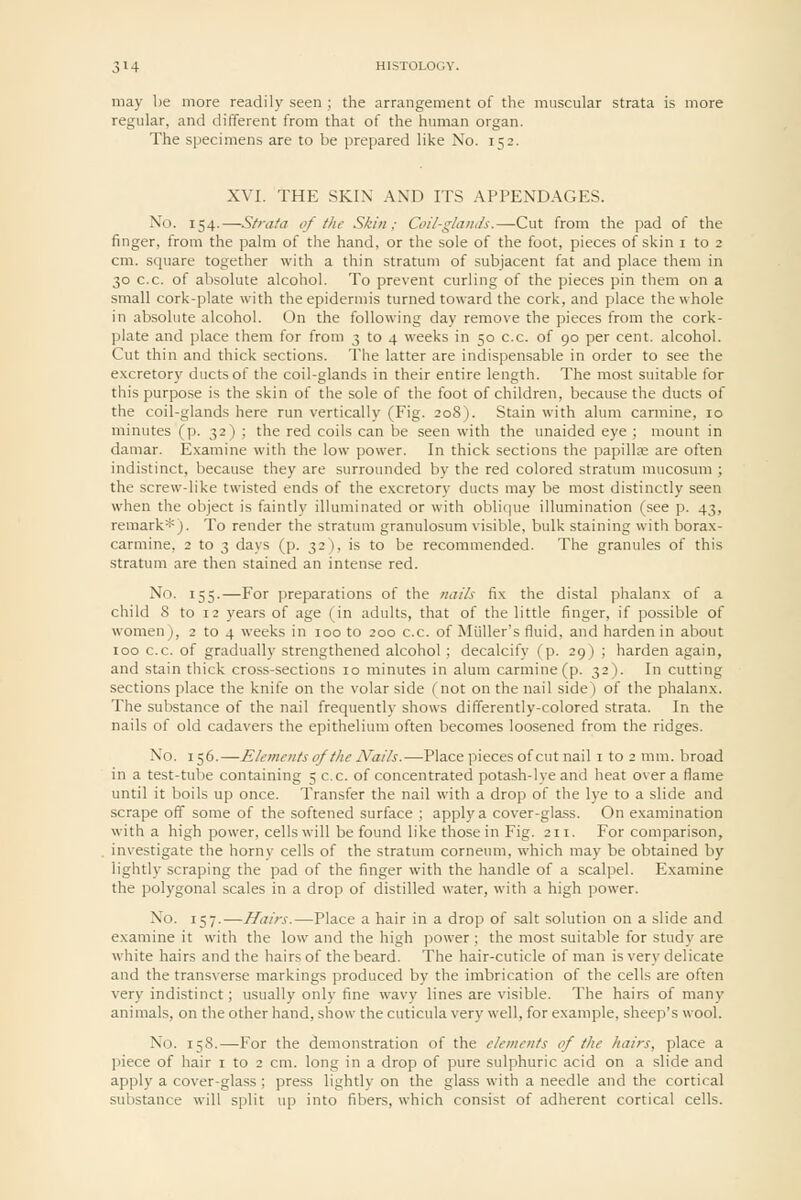 may be more readily seen ; the arrangement of the muscular strata is more regular, and dififerent from that of the human organ. The specimens are to be prepared like No. 152. XVI. THE SKIN AND ITS APPENDAGES. No. 154.—Strata of the Skin; Coil-glands.—Cut from the pad of the finger, from the palm of the hand, or the sole of the foot, pieces of skin i to 2 cm. square together with a thin stratum of subjacent fat and place them in 30 c.c. of absolute alcohol. To prevent curling of the pieces pin them on a small cork-plate with the epidermis turned toward the cork, and place the whole in absolute alcohol. On the following day remove the pieces from the cork- plate and place them for from 3 to 4 weeks in 50 c.c. of 90 per cent, alcohol. Cut thin and thick sections. The latter are indispensable in order to see the excretory ducts of the coil-glands in their entire length. The most suitable for this purpose is the skin of the sole of the foot of children, because the ducts of the coil-glands here run vertically (Fig. 208). Stain with alum carmine, 10 minutes (p. 32) ; the red coils can be seen with the unaided eye ; mount in damar. Examine with the low power. In thick sections the papillae are often indistinct, because they are surrounded by the red colored stratum mucosum ; the screw-like twisted ends of the excretory ducts may be most distinctly seen when the object is faintly illuminated or with obli(|ue illumination (see p. 43, remark*). To render the stratum granulosum visilile, bulk staining with borax- carmine, 2 to 3 days (p. 32), is to be recommended. The granules of this stratum are then stained an intense red. No. 155.—For preparations of the nails fix the distal phalanx of a child 8 to 12 years of age (in adults, that of the little finger, if possible of women), 2 to 4 weeks in 100 to 200 c.c. of Miiller's fluid, and harden in about 100 c.c. of gradually strengthened alcohol ; decalcify (p. 29) ; harden again, and stain thick cross-sections 10 minutes in alum carmine (p. 32). In cutting sections place the knife on the volar side (not on the nail side) of the phalanx. The substance of the nail frequently shows diflerently-colored strata. In the nails of old cadavers the epithelium often becomes loosened from the ridges. No. 156.—Elements of the Nails.—Place pieces of cut nail i to 2 mm. broad in a test-tube containing 5 c.c. of concentrated potash-lye and heat over a flame until it boils up once. Transfer the nail with a drop of the lye to a slide and scrape off some of the softened surface ; apply a cover-glass. On examination with a high power, cells will be found like those in Fig. 211. For comparison, , investigate the horny cells of the stratum corneum, which may be obtained by lightly scraping the pad of the finger with the handle of a scalpel. Examine the polygonal scales in a drop of distilled water, with a high power. No. 157.—Hairs.—Place a hair in a drop of salt solution on a slide and examine it with the low and the high power ; the most suitable for study are white hairs and the hairs of the beard. The hair-cuticle of man is very delicate and the transverse markings produced by the imbrication of the cells are often very indistinct; usually only fine wavy lines are visible. The hairs of many animals, on the other hand, show the cuticula very well, for example, sheep's wool. No. 158.—For the demonstration of the elements of the hairs, place a piece of hair i to 2 cm. long in a drop of pure sulphuric acid on a slide and apply a cover-glass ; press lightly on the glass with a needle and the cortical substance will split up into fibers, which consist of adherent cortical cells.