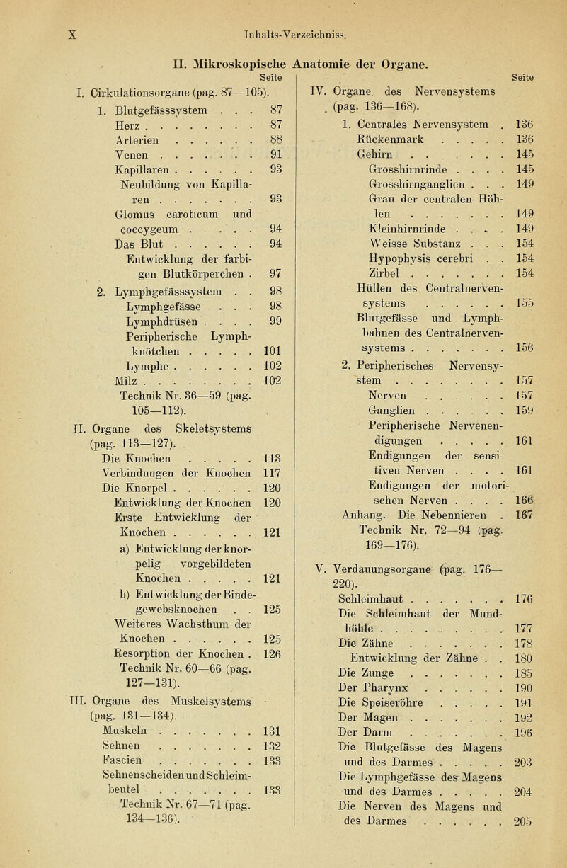 II. Miki •oskopische Seite , Cirkulationsorgane (pag. 87-105). 1. Bhitgefässsystem . . . 87 Herz . . . 87 Arterien . . . 88 Venen . . . . . 91 Kapillaren . . . . 93 Neubildung von Kapilla- ren 93 Glomus caroticum und coccygeum 94 94 113 117 Das Blut Entwicklung der farbi gen Blutkörperchen 2. Lyniphgefässsystem . Lympligefässe . . Lymphdrüsen . . . Peripherische Lyniph- knötchen 101 Lymphe 102 Milz 102 Technik Nr. 36—59 (pag. 105—112). II. Organe des Skeletsystems (pag. 113—127). Die Knochen Verbindungen der Knochen Die Knorpel 120 Entwicklung der Knochen 120 Erste Entwicklung der Knochen 121 a) Entwicklung der knor- pelig vorgebildeten Knochen 121 b) Entwicklung der Binde- gewebsknochen Weiteres Wachsthum der Knochen Eesorption der Knochen Technik Nr. 60—66 (pag 127—131). III. Organe des Muskelsystems (pag. 131-134). Muskeln 131 Sehnen 132 Fascien 133 Sehnenscheiden und Schleim- beutel 133 Technik Nr. 67—71 (pag. 134—136). 125 125 126 Anatomie dei* Organe. Seite IV. Organe des Nervensystems . (pag. 136—168). 1. Centrales Nervensystem . 136 Rückenmark 136 Gehirn ...... 145 Grosshirnrinde .... 145 Grosshirnganglien . . . 149 Grau der centralen Höh- len 149 Kleinhirnrinde . . » . 149 Weisse Substanz . . . 154 Hypophysis cerebri . . 154 Zirbel 154 Hüllen des Centralnerven Systems 155 Blutgefässe und Lymph bahnen des Centralnerven Systems 2. Peripherisches Nervensy stem Nerven Ganglien Peripherische Nervenen digungen .... Endigungen der sensi tiven Nerven . . • Endigungen der motori sehen Nerven . . . Anhang. Die Nebennieren Technik Nr. 72—94 (p ^ 169—176). V. Verdanungsorgane (pag. 176— 220). Schleimhaut 176 Die Schleimhaut der Mund- höhle 177 Die Zähne 178 Entwicklung der Zähne . . 180 Die Zunge 185 Der Pharynx ...... 190 Die Speiseröhre 191 Der Magen 192 Der Darm 196 Die Blutgefässe des Magens und des Darmes 203 Die Lymphgefässe des Magens und des Darmes 204 Die Nerven des Magens und des Darmes ...... 205 156 157 157 159 161 161 166 167