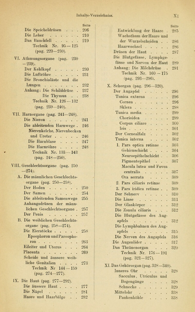 Seito Die Speicheldrüsen .... 206 Die Leber 210 Das Bauchfell 219 Technik Nr. 95—125 (pag. 220-230). VI. Athmungsorgane (pag. 230 -239). ^ . Der Kehlkopf 230 Die Luftröhre 231 Die Bronchialäste und die Lungen 232 Anhang: Die Schilddrüse . 237 Die Thymus . . 238 Technik Nr. 126 — 132 (pag. 239—240). VIL Harnorgane (pag. 241—248). Die Nieren 241 Die ableitenden Harnwege . 246 Nierenkelche, Nierenbecken und Ureter 246 Die Harnblase .... 247 Die Harnröhre .... 248 Technik Nr. 133 — 143 (pag. 248—250). VlII. Geschlechtsorgane (pag. 250 —274). A. Die männlichen Geschlechts- organe (pag. 250—258). Der Hoden 250 Der Samen 254 Die ableitenden Samenwege 255 Anhangsdrüsen der männ- lichen Geschlechtsorgane . 257 Der Penis 257 B. Die weiblichen Geschlechts- organe (pag. 258—274). Die Eierstöcke 258 Epoophoron undParoopho- ron 263 Eileiter und Uterus . . . 264 Placenta 269 Scheide und äussere weib- liche Genitalien .... 273 Technik Nr 144 — 159 (pag. 274—277). IX. Die Haut (pag. 277—292). Die äussere Haut .... 277 Die Nägel 281 Haare und Haarbälge . . 282 Seite Entwicklung der Haare . 285 Wachsthum der Haare und der Wurzelscheiden . . 286 Haarwechsel 286 Drüsen der Haut .... 287 Die Blutgefässe, Lympbge- fässe und Nerven der Haut 2^9 Anhang: Die Milchdrüse . 291 Technik Nr. 160-175 (pag. 293—296). X. Sehorgan (pag. 296—320). Der Augapfel 296 Tunica externa .... 296 Cornea 296 Sklera 298 Tunica media 299 Chorioidea 299 Corpus ciliare .... 300 Iris 301 Der Cornealfalz .... 302 Tunica interna .... 302 1. Pars optica retinae . . 303 Gehirnsehicht .... 304 Neuroepithelschicht . . 306 Pigmentepithel . . . 307 Macula lutea und Fovea centralis 307 Ora serrata .... 309 2. Pars ciliaris retinae 309 8. Pars iridica retinae . . 3(i9 Der Sehnerv 310 Die Linse 311 Der Glaskörper . . . . 312 Die Zonula ciliaris . . . 312 Die Blutgefässe des Aug- apfels 312 Die Lymphbahnen des Aug- apfels 315 Die Nerven des Augapfels 316 Die Augenlider 317 Das Thränenorgan . . . 320 Technik Nr. 176 — 191 (pag. 321-327). XL Das Gehörorgan (pag. 328—340). Inneres Ohr 328 Sacculus. Utriciüus und Bogengänge .... 328 Schnecke 329 Mittelohr 338 Paukenhöhle .... 338
