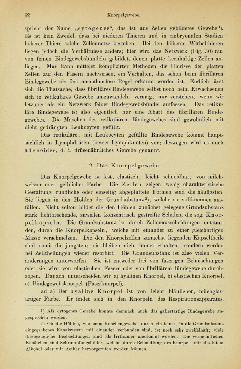 spricht der J«[ame „cytogenes, das ist aus Zellen gebildetes Gewebe^). Es ist kein Zweifel, dass bei niederen Thieren und in embryonalen Stadien höherer Thiere solche Zellennetze bestehen. Bei den höheren Wirbelthieren liegen jedoch die Verhältnisse anders; hier wird das Netzwerk (Fig. 30) nur von feinen Bindegewebsbündeln gebildet, denen platte kernhaltige Zellen an- liegen. Man kann mittelst komplizirter Methoden die Umrisse der platten Zellen auf den Fasern nachweisen, ein Verhalten, das schon beim fibrillären Bindegewebe als fast ausnahmslose Regel erkannt worden ist. Endlich lässt sich die Thatsache, dass fibrilläres Bindegewebe selbst noch beim Erwachsenen sich in retikuläres Gewebe umzuwandeln vermag, nur verstehen, wenn wir letzteres als ein Netzwerk feiner Bindegewebsbündel auffassen. Das retiku- läre Bindegewebe ist also eigentlich nur eine Abart des fibrillären Binde- gewebes. Die Maschen des retikulären Bindegewebes sind gewöhnlich mit dicht gedrängten Leukocyten gefüllt. Das retikuläre, mit Leukocyten gefüllte Bindegewebe kommt haupt- sächlich in Lymphdrüsen (besser Lymphknoten) vor; deswegen wird es auch adenoides, d. i. drüsenähnliches Gewebe genannt. 2. Das Knorpelgewebe. Das Knorpelgewebe ist fest, elastisch, leicht schneidbar, von milch- weisser oder gelblicher Farbe. Die Zellen zeigen wenig charakteristische Gestaltung, rundliehe oder einseitig abgeplattete Formen sind die häufigsten. Sie liegen in den Höhlen der Grundsubstanz 2), welche sie vollkommen aus- füllen. Nicht selten bildet die den Höhlen zunächst gelegene Grundsubstanz stark lichtbrechende, zuweilen konzentrisch gestreifte Schalen, die sog. Knor- pelkapseln. Die Grundsubstanz ist durch Zellenausscheidungen entstan- den, durch die Knorpelkapseln, welche mit einander zu einer gleichartigen •Masse verschmelzen. Die den Knorpelzellen zunächst liegenden Kapseltheile sind somit die jüngsten; sie bleiben nicht immer erhalten, sondern werden bei Zelltheilungen wieder resorbirt. Die Grundsubstanz ist also vielen Ver- änderungen unterworfen. Sie ist entweder frei von faserigen Beimischungen oder sie wird von elastischen Fasern oder von fibrillärem Bindegewebe durch- zogen. Danach unterscheiden wir a) hyalinen Knorpel, b) elastischen Knorpel, c) Bindegewebsknorpel (Faserknorpel). ad a) Der hyaline Knorpel ist von leicht bläulicher, milchglas- artiger Farbe. Er findet sich in den Knorpeln des Respirationsapparates, 1) Als cytogenes Gewebe könnte denanach auch das gallertartige Bindegewebe an- gesprochen werden. 2) Ob die Höhlen, wie beim Knochengewebe, durch ein feines, in die Grundsubstanz eingegrabenes Kanalsystem mit einander verbunden sind, ist noch sehr zweifelhaft; viele diesbezügliche Beobachtungen sind als Irrthümer anerkannt worden. Die vermeintlichen Kanälchen sind Schrumpfungsbilder, welche durch Behandlung des Knorpels mit absolutem Alkohol oder mit Aether hervorgerufen werden können.