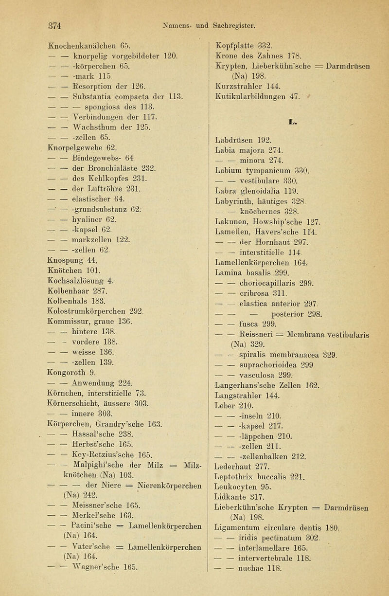 Knochenkanälchen 65. — — knorpelig vorgebildeter 120. — — -körperchen 65. — — -mark 115 — — Resorption der 126. — — Substantia compacta der 113. — — — spongiosa des 113. — — Verbindungen der 117. — — Wachsthum der 125. — — -Zellen 65. Knorpelgewebe 62. — — Bindegewebs- 64 — — der Bronchialäste 232. des Kehlkopfes 231. — — der Luftröhre 231. — — elastischer 64. — — -grundsubstanz 62; — — hyaliner 62. — — -kapsei 62. — — markzellen 122. — — -Zellen 62. Knospung 44. Knötchen 101. Kochsalzlösung 4. Kolbenhaar 287. Kolbenhals 188. Kolostrunikörperchen 292. Kommissur, graue 136. — — hintere 138. — - vordere 138. — — weisse 136. Zellen 139. Kongoroth 9. Anwendung 224. Körnclien, interstitielle 73. Körnerschicht, äussere 308. — —■ innere 303. Körperchen, Grandry'sche 163. — — Hassal'sche 238. — — Herbst'sche 165. — — Key-Retzius'sche 165. — — Malpighi'sche der Milz = Milz- knötcheu (Na) 103. — — — der Niere = Nierenkörperchen (Na) 242. Meissner'sche 165. Merkel'sche 163. Pacini'sche = Lamellenkörperchen (Na) 164. — — Vater'sche = Lamellenkörperchen (Na) 164. Wagner'sche 165. Kopfplatte 332. Krone des Zahnes 178. Krypten, Lieberkühn'sche = Darmdrüsen (Na) 198. Kurzstrahler 144. Kutikularbildungen 47. ' L,. Labdrüsen 192. Labia majora 274. — — minora 274. Labium tympanicum 330. vestibuläre 330. Labra glenoidalia 119. Labyrinth, häutiges 328. — — knöchernes 328. Lakunen, Howship'sche 127. Lamellen, Havers'sche 114. der Hornhaut 297. — — interstitielle 114. Lamellenkörperchen 164. Lamina basalis 299. choriocapillaris 299. — — cribrosa 311. — — elastica anterior 297. — — — posterior 298. fusca 299. Reissneri = Membrana vestibularis (Na) 329. — — spiralis membranacea 329. suprachorioidea 299 — — vasculosa 299. Langerhans'sche Zellen 162. Langstrahler 144. Leber 210. — — -inseln 210. kapsei 217. — — -läppchen 210. — — -Zellen 211. — — -Zellenbalken 212. Lederhaut 277. Leptothrix buccalis 221. Leukocyten 95. Lidkante 317. Lieberkühn'sche Krypten = Darmdrüsen (Na) 198. Ligamentum circulare dentis 180. — — iridis pectinatum 302. — — interlamellare 165. — — intervertebrale 118. — — nuchae 118.