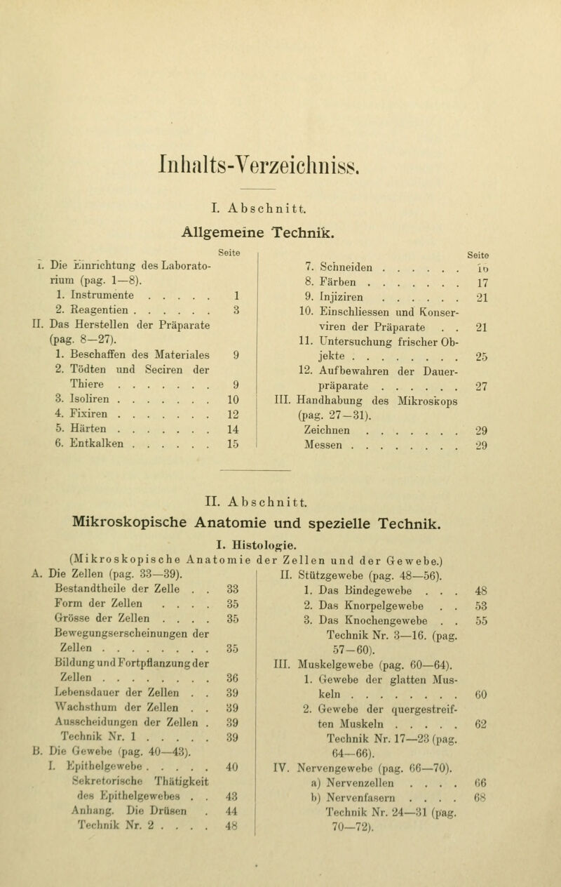 Inhalts-Verzeichnis}<. I. Abschnitt, Allgemeine Technik. Seite 1. Die Einrichtung des Laborato- rium (pag. 1—8). 1. Instrumente 1 2. Reagentien 3 II. Das Herstellen der Präparate (pag. 8-27). 1. Beschaflfen des Materiales 9 2. Tödten und Seciren der Thiere 9 3. Isoliren 10 4. Fixiren 12 5. Härten 14 6. Entkalken 15 Seite 7. Schneiden io 8. Färben 17 9. Injiziren 21 10. Einschliessen und Konser- viren der Präparate . . 21 11. Untersuchung frischer Ob- jekte 25 12. Aufbewahren der Dauer- präparate 27 III. Handhabung des Mikroskops (pag. 27-31). Zeichnen 29 Messen 29 IL Abschnitt. Mikroskopische Anatomie und spezielle Technik. I. Histologie. (Mikroskopische Anatomie der Zellen und der Gewebe.) A. Die Zellen (pag. 33—39) Bestandtheile der Zelle . . 33 Form der Zellen .... 35 Grösse der Zellen .... 35 Bewegungserscheinungen der Zellen 35 Bildung und Fortpflanzung der Zellen Lebensdauer der Zellen . Wachsthum der Zellen . Ausscheidungen der Zellen Technik Nr. 1 ... . B. Die Gewebe <'pag. 40—43). I. Epithelgewebe 40 Sekretorische Thätigkeit des Epithelgewebes . . 43 Anhang. Die Drüsen . 44 Technik Nr. 2 ... . 48 II. Stützgewebe (pag. 48—56). 1. Das Bindegewebe ... 48 2. Das Knorpelgewebe . . 53 3. Das Knochengewebe . . 55 Technik Nr. 3—16. (pag. 57-60). III. Muskelgewebe (pag. 60—64). 1. Gewebe der glatten Mus- keln 60 2. Gewebe der quergestreif- ten Muskeln 62 Technik Nr. 17—23 (pag. 64-66). IV. Nervengewebe (pag. 66—70). a) Nervenzellen .... 66 b) Nervenfasern .... 68 Technik Nr. 24—31 (pag. 70—72).